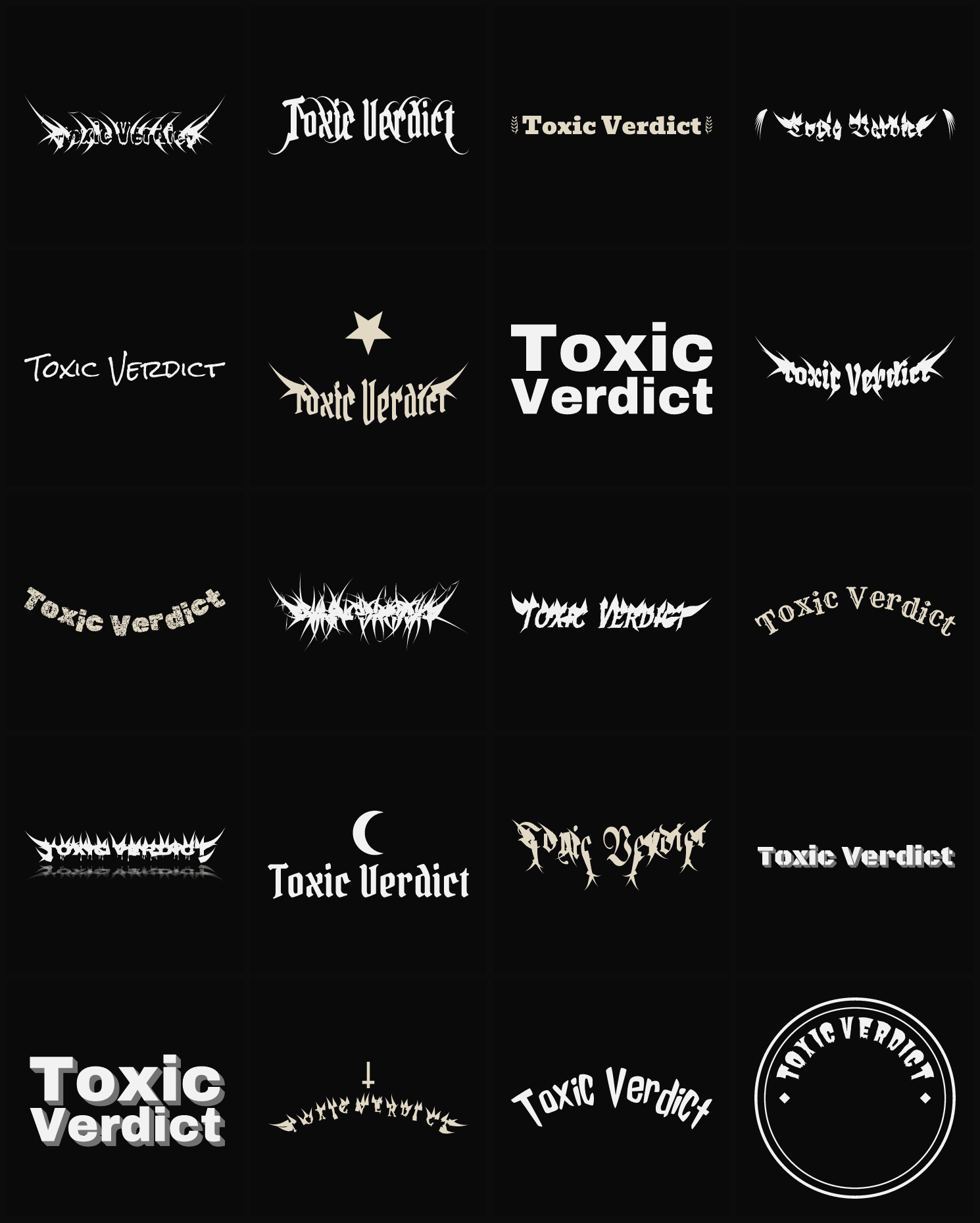 Twenty Toxic Verdict band logo ideas — different faces, treatments and spike settings