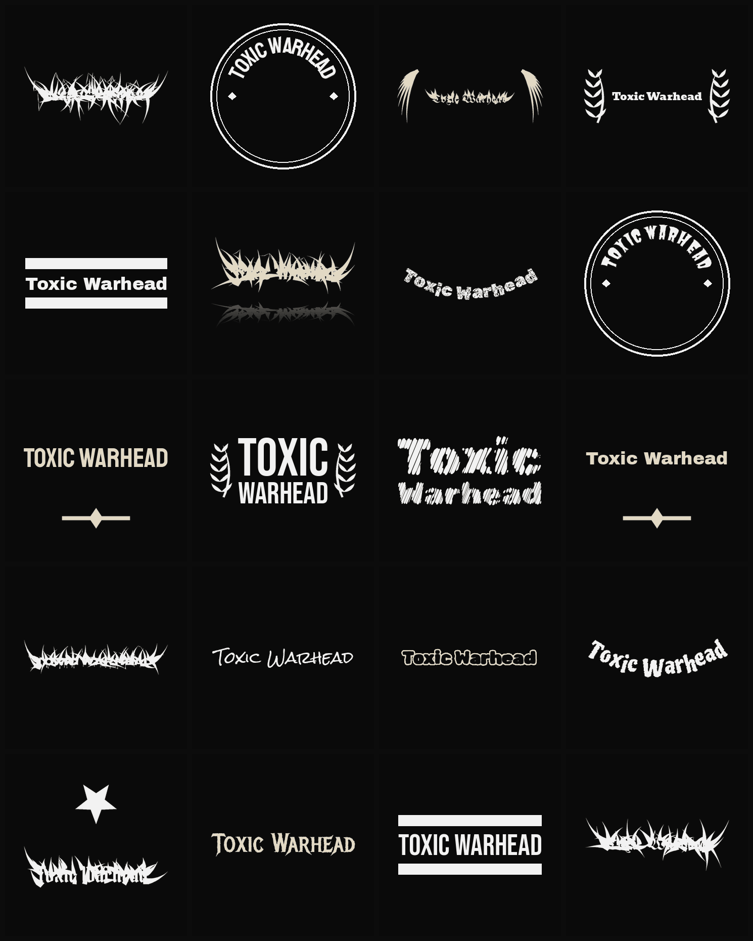 Twenty Toxic Warhead band logo ideas — different faces, treatments and spike settings