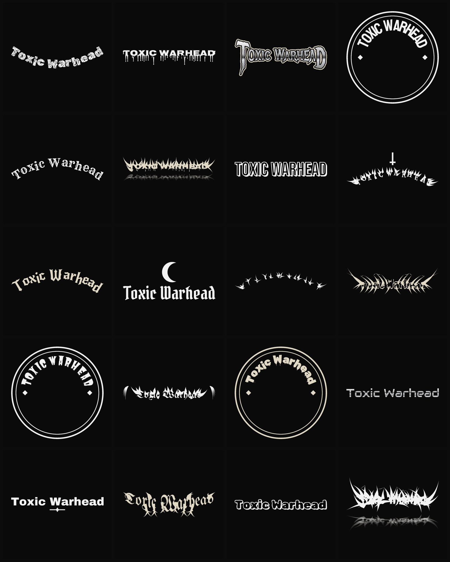 Twenty Toxic Warhead band logo ideas — different faces, treatments and spike settings