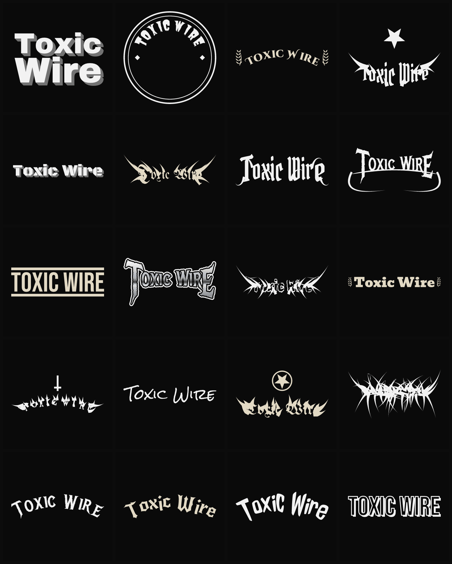 Twenty Toxic Wire band logo ideas — different faces, treatments and spike settings