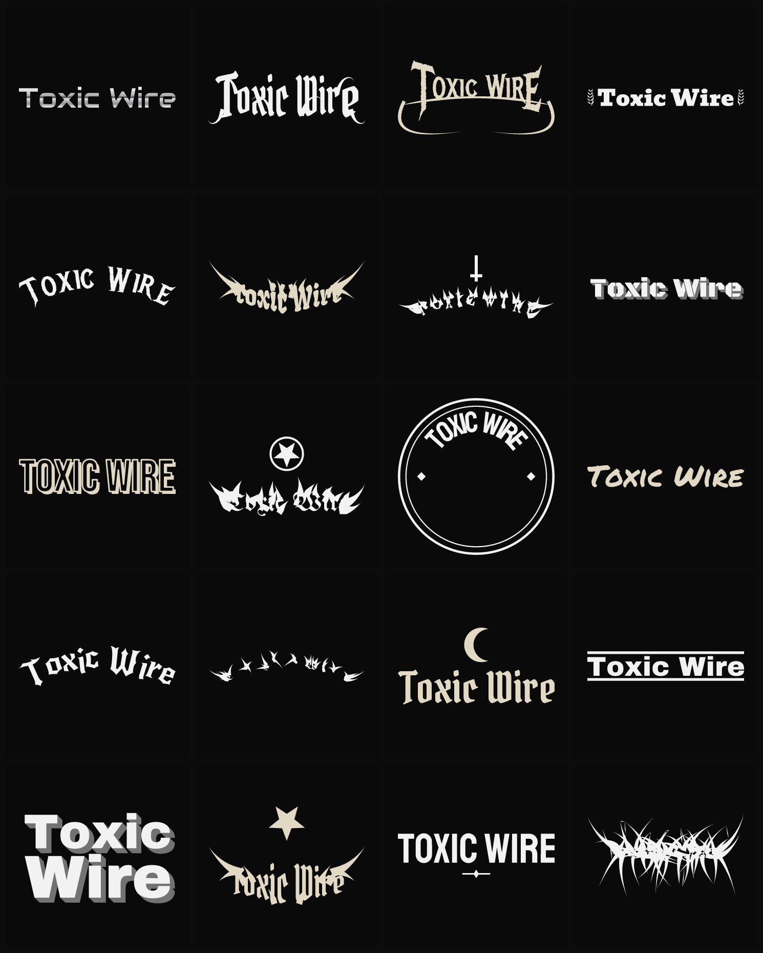 Twenty Toxic Wire band logo ideas — different faces, treatments and spike settings