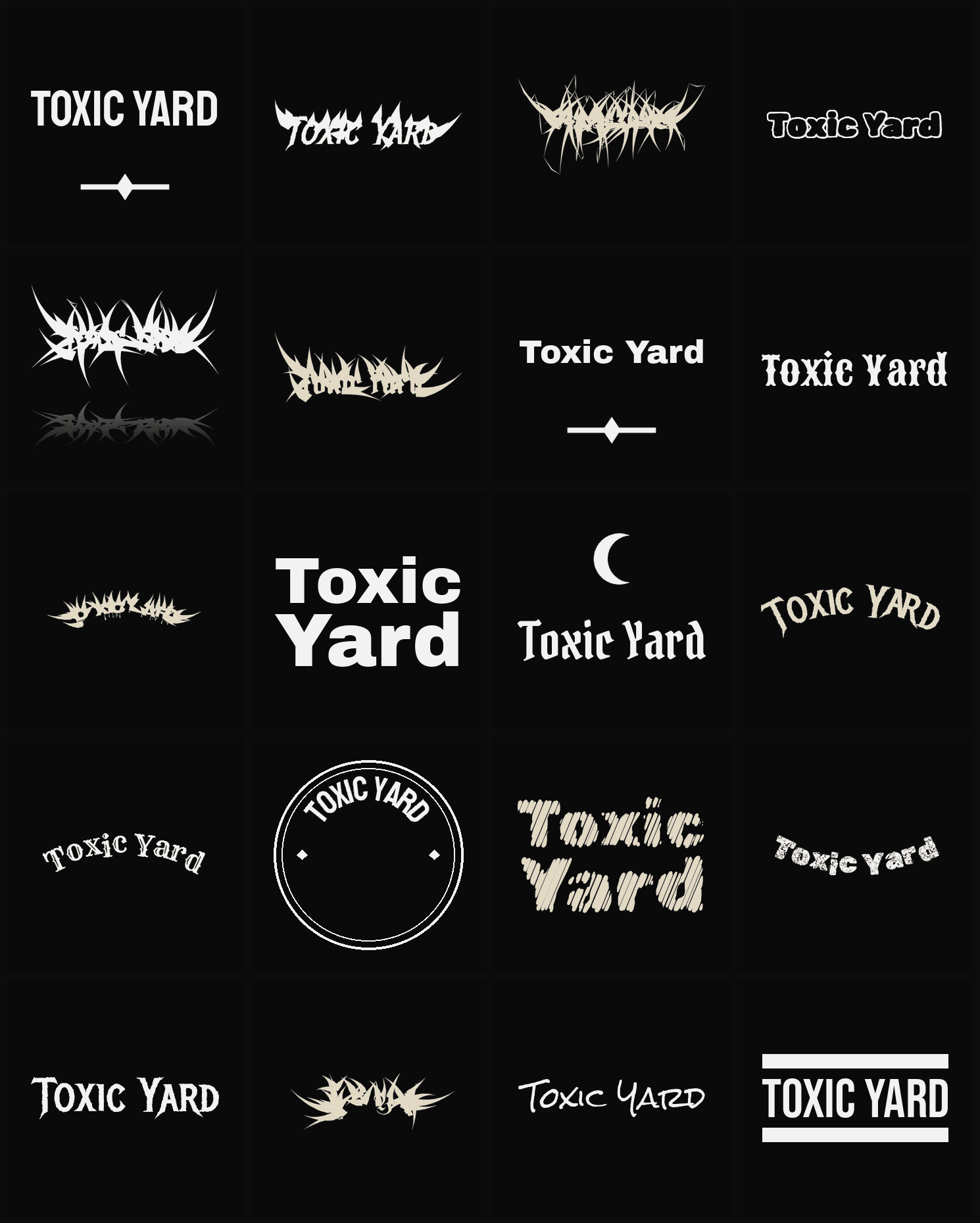 Twenty Toxic Yard band logo ideas — different faces, treatments and spike settings