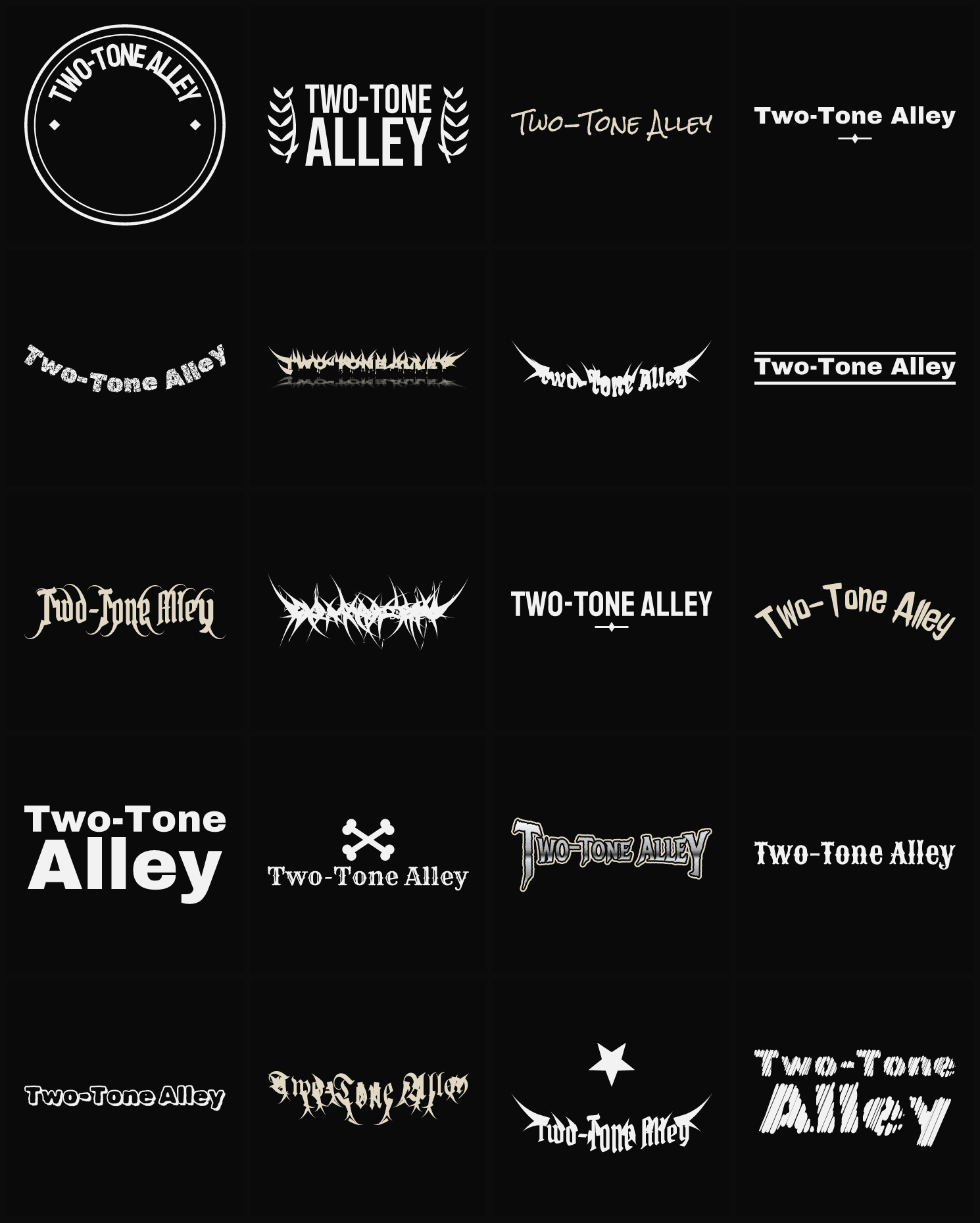 Twenty Two-Tone Alley band logo ideas — different faces, treatments and spike settings