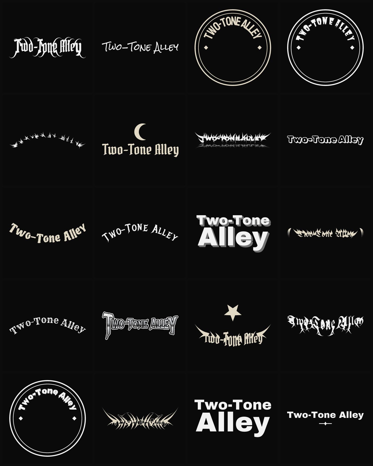 Twenty Two-Tone Alley band logo ideas — different faces, treatments and spike settings