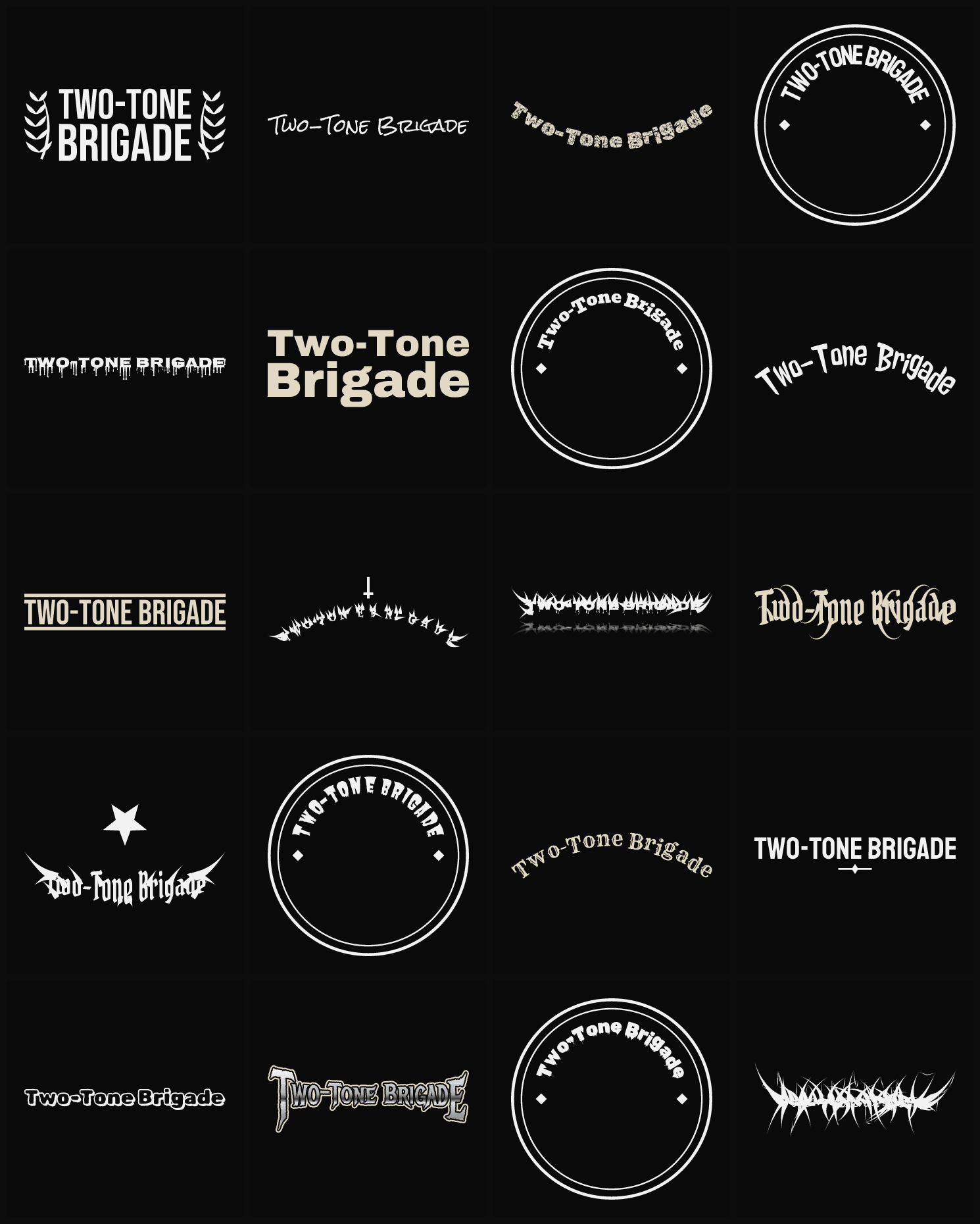 Twenty Two-Tone Brigade band logo ideas — different faces, treatments and spike settings