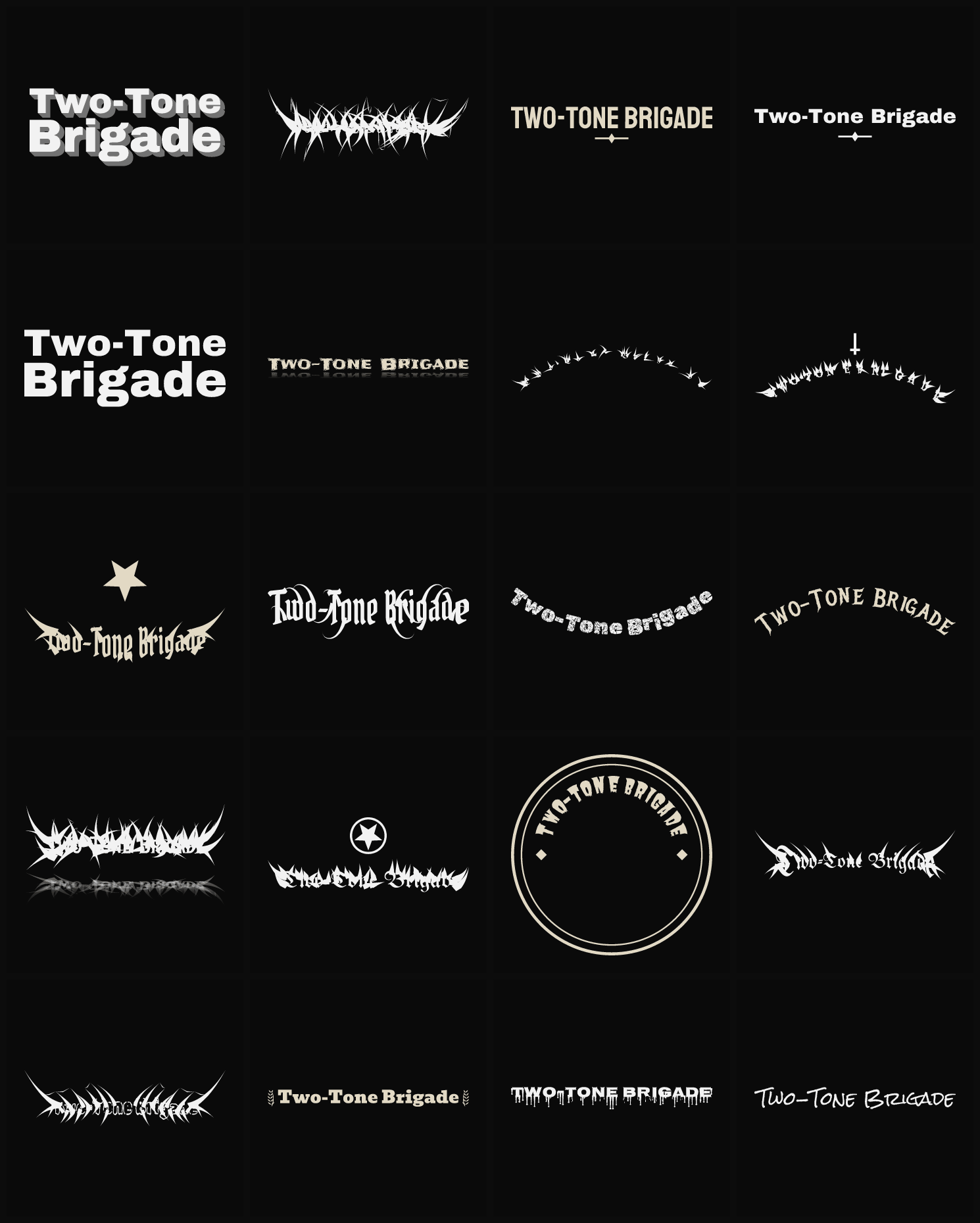 Twenty Two-Tone Brigade band logo ideas — different faces, treatments and spike settings