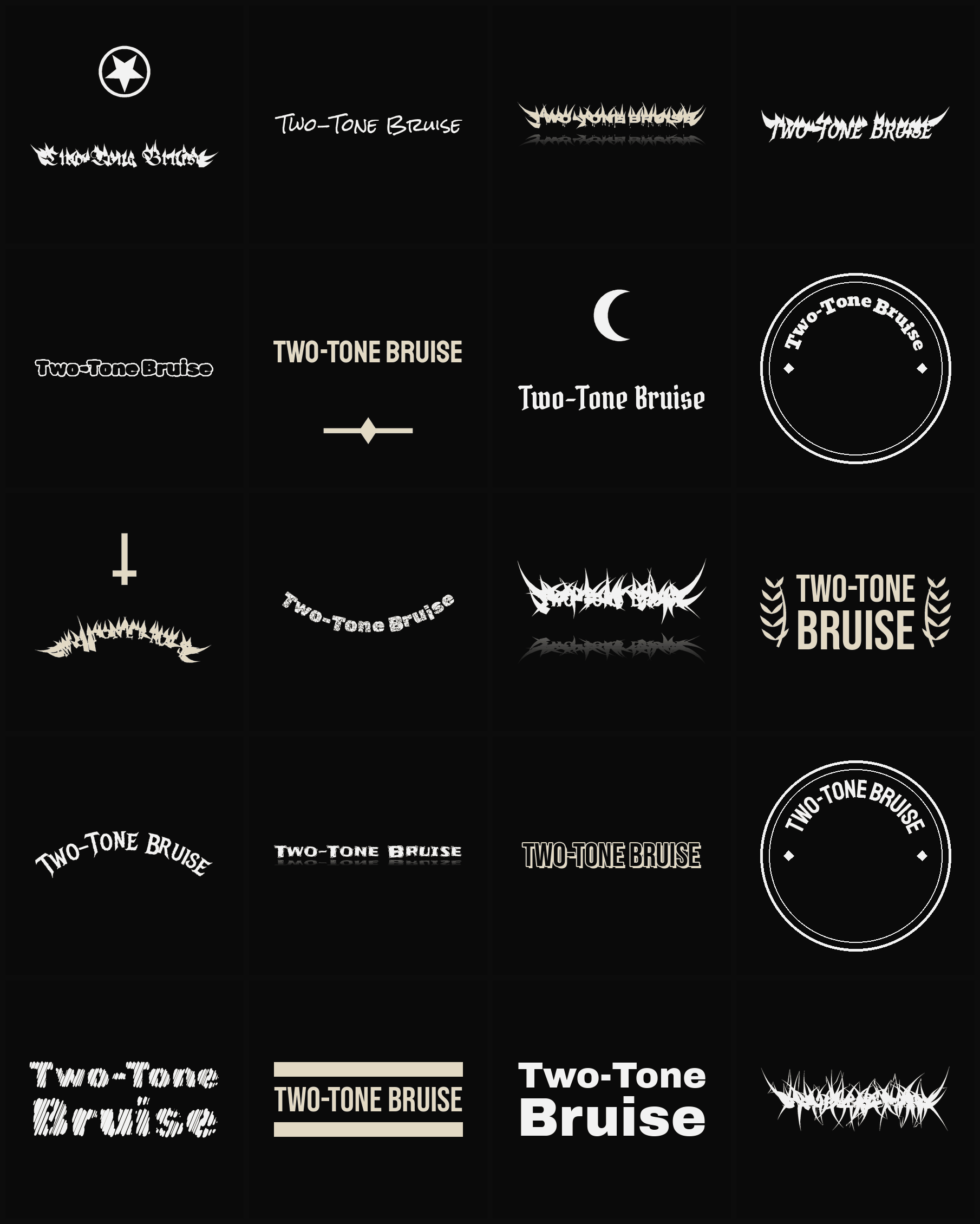 Twenty Two-Tone Bruise band logo ideas — different faces, treatments and spike settings