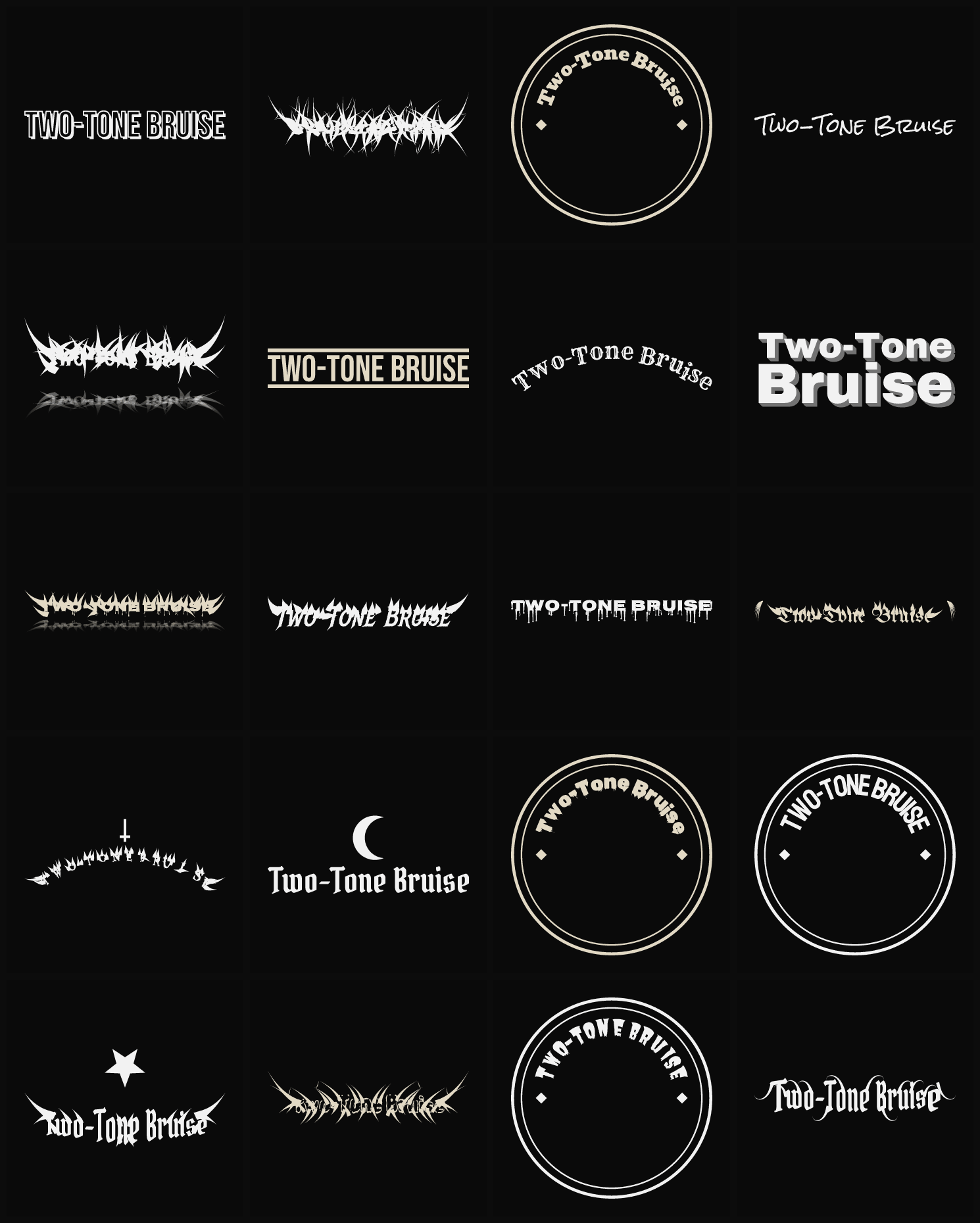 Twenty Two-Tone Bruise band logo ideas — different faces, treatments and spike settings
