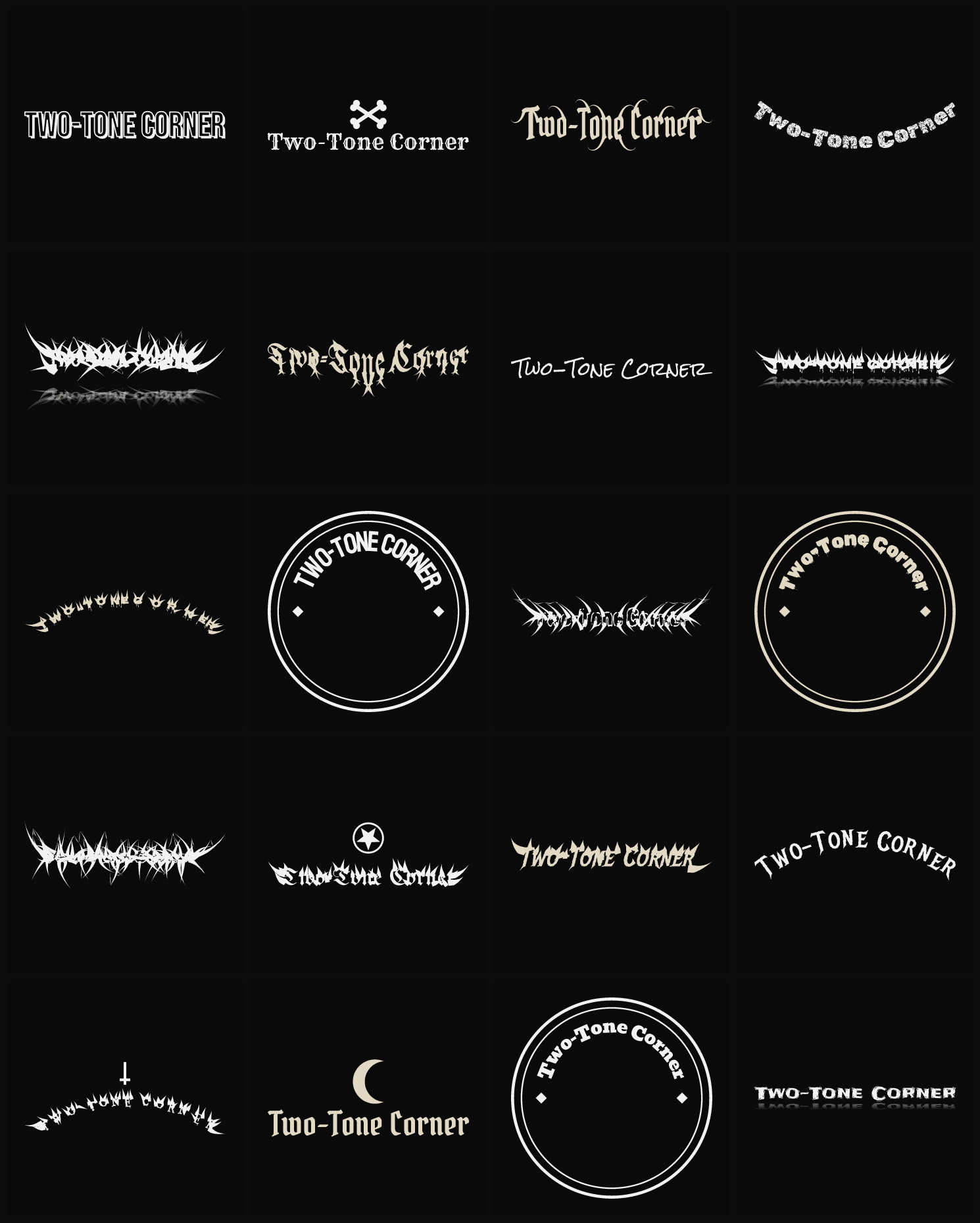 Twenty Two-Tone Corner band logo ideas — different faces, treatments and spike settings