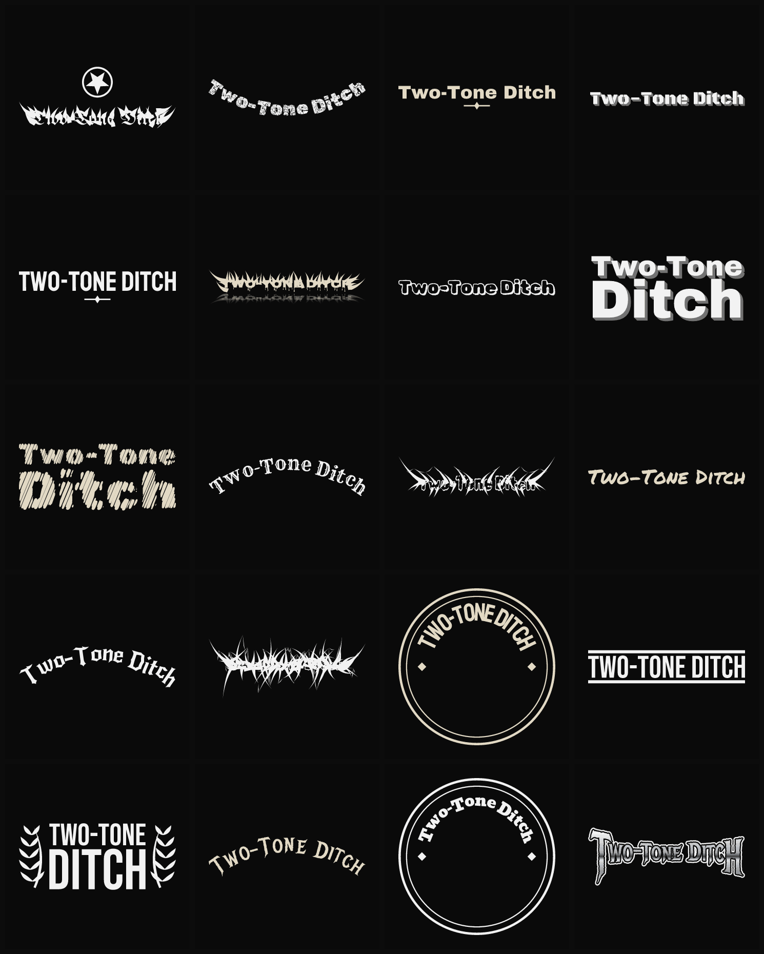 Twenty Two-Tone Ditch band logo ideas — different faces, treatments and spike settings