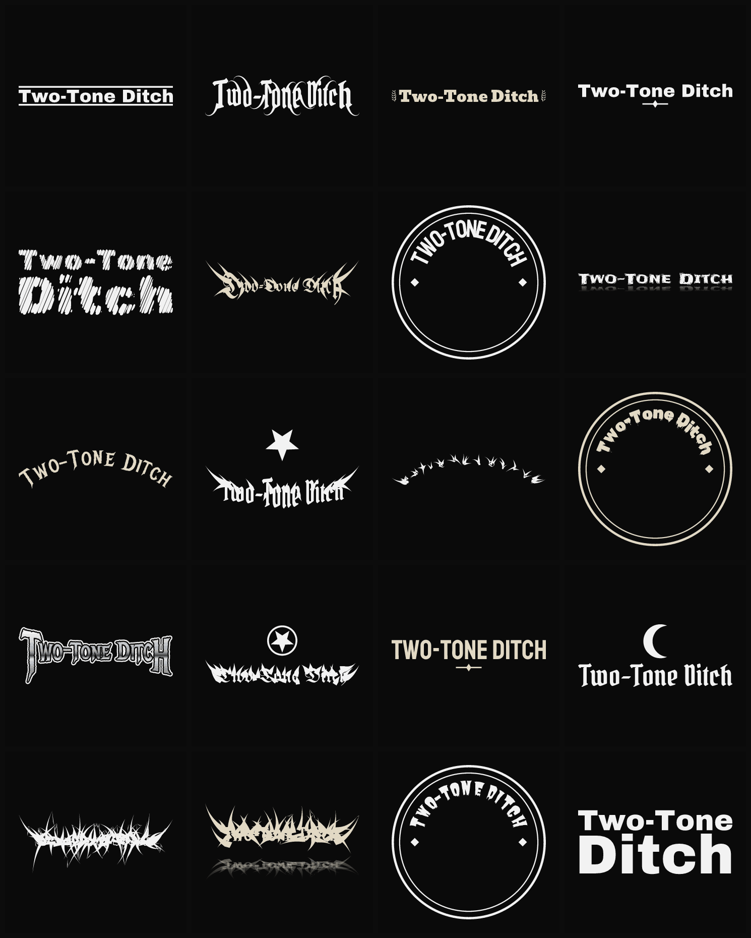 Twenty Two-Tone Ditch band logo ideas — different faces, treatments and spike settings