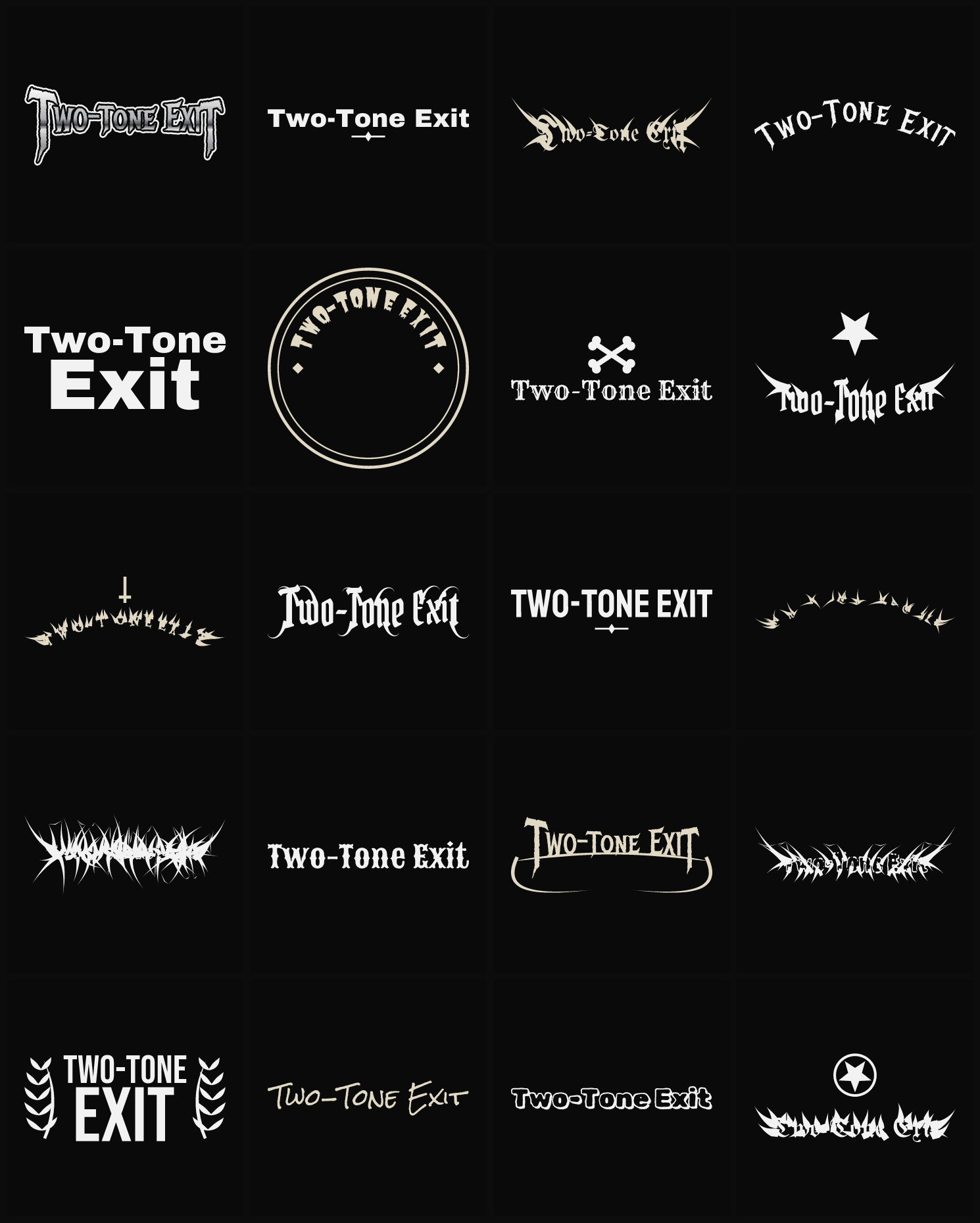 Twenty Two-Tone Exit band logo ideas — different faces, treatments and spike settings