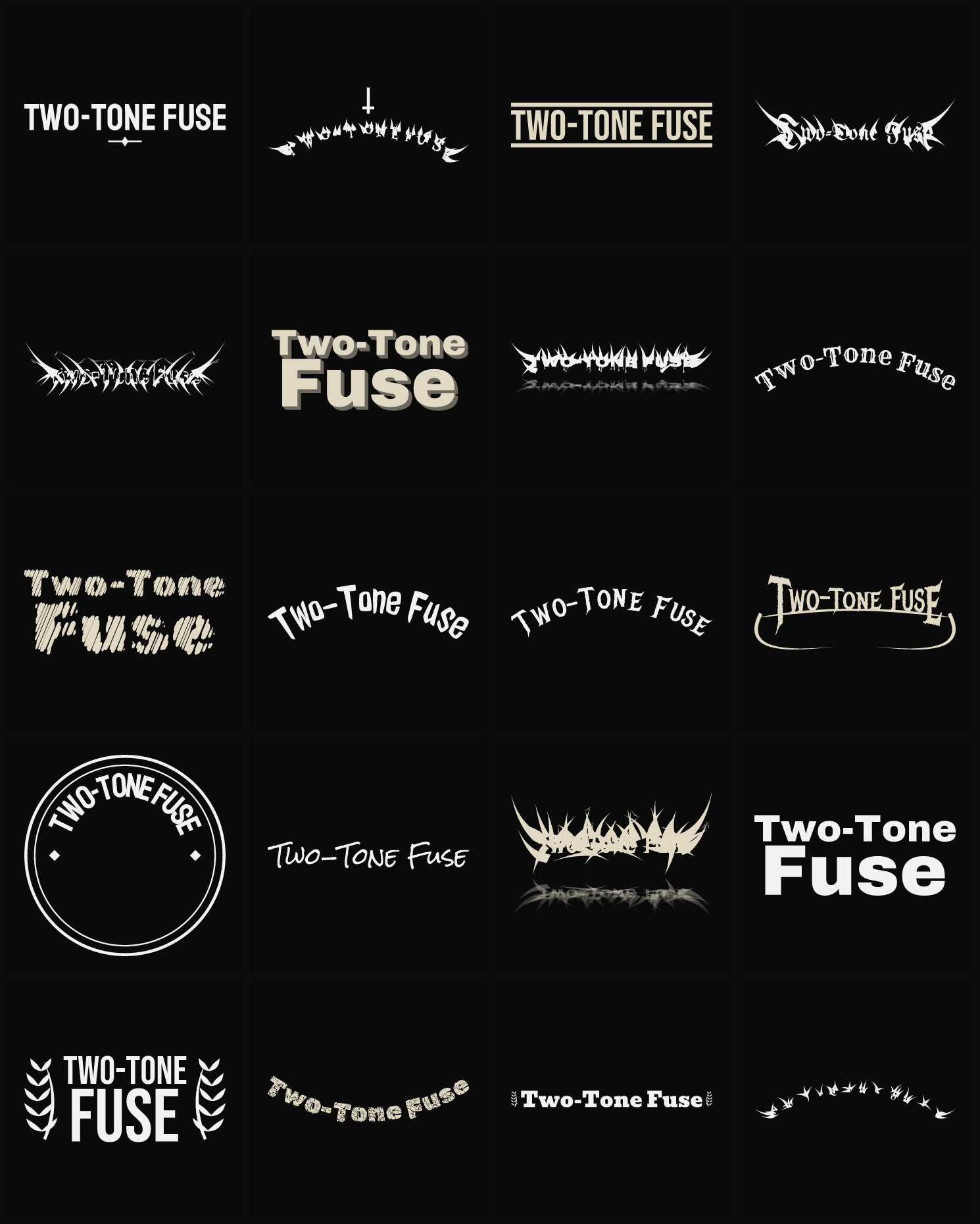 Twenty Two-Tone Fuse band logo ideas — different faces, treatments and spike settings
