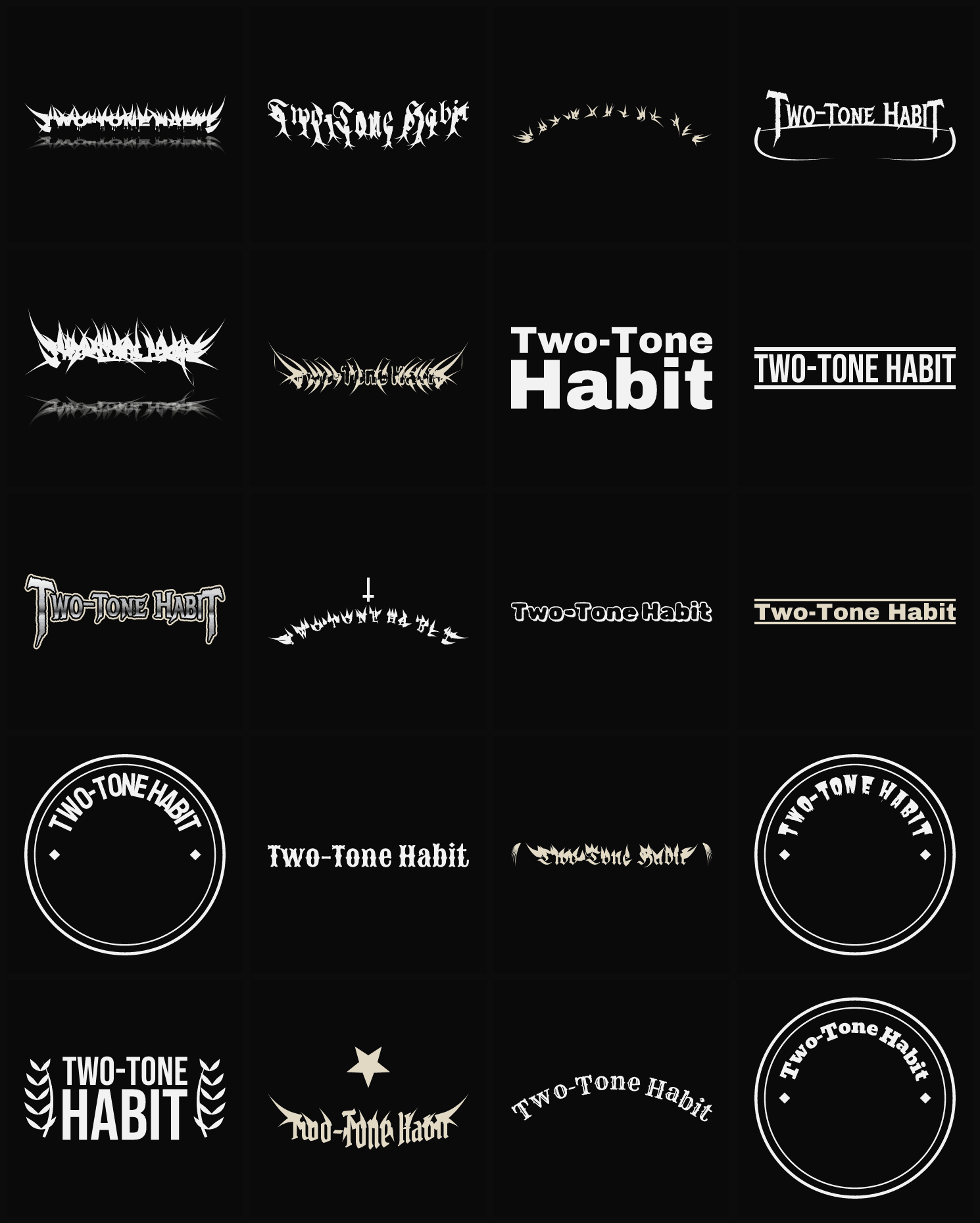 Twenty Two-Tone Habit band logo ideas — different faces, treatments and spike settings