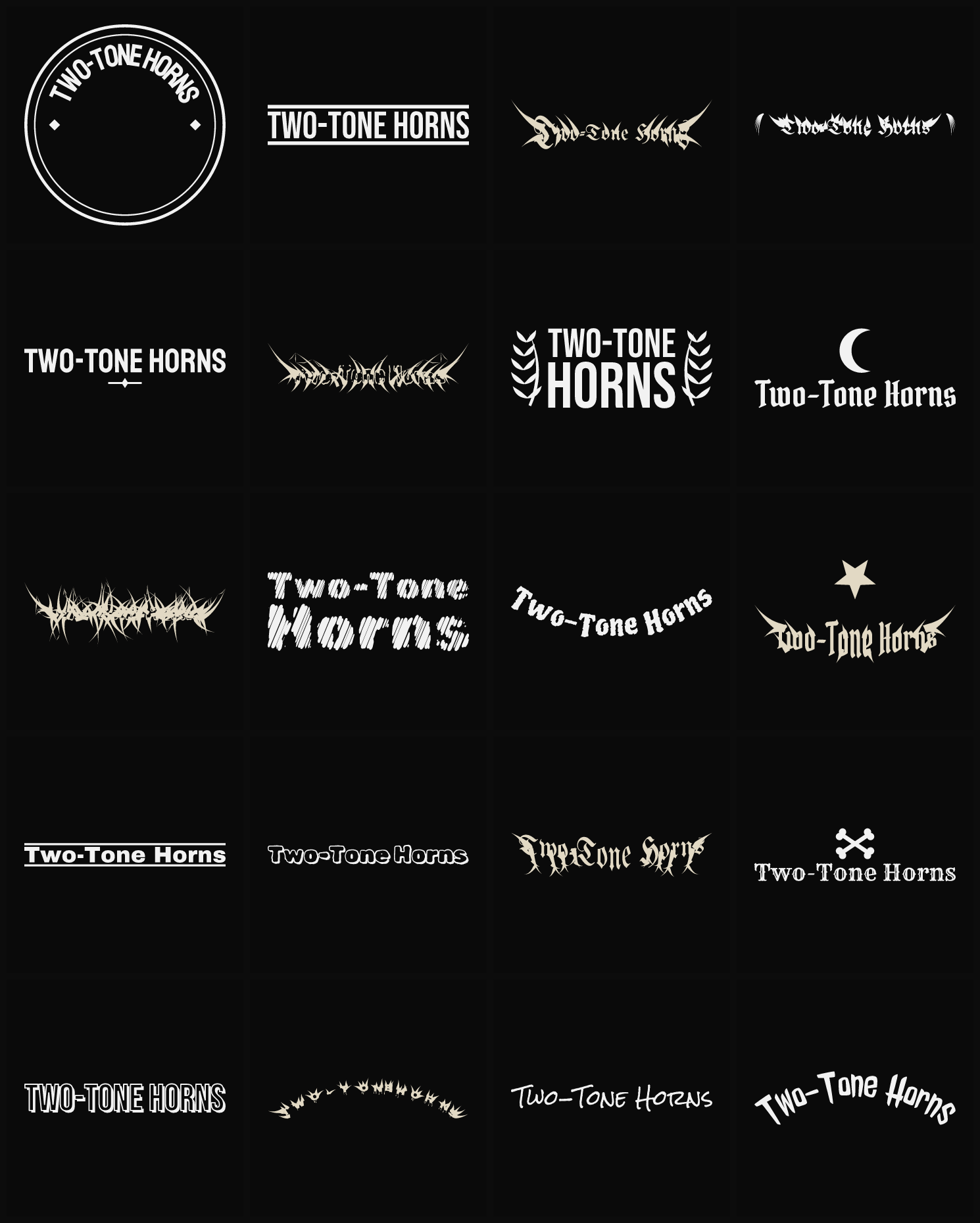 Twenty Two-Tone Horns band logo ideas — different faces, treatments and spike settings