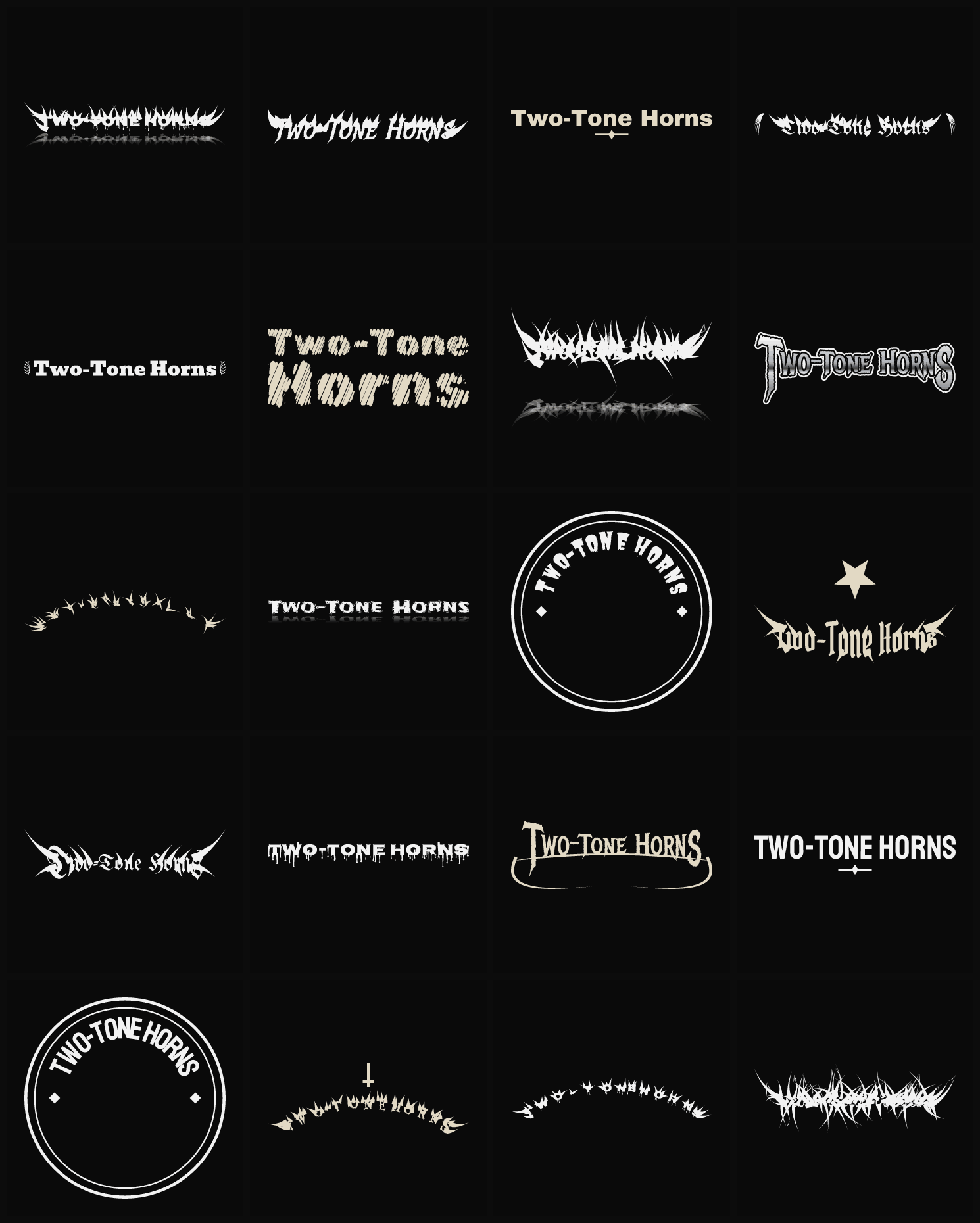 Twenty Two-Tone Horns band logo ideas — different faces, treatments and spike settings