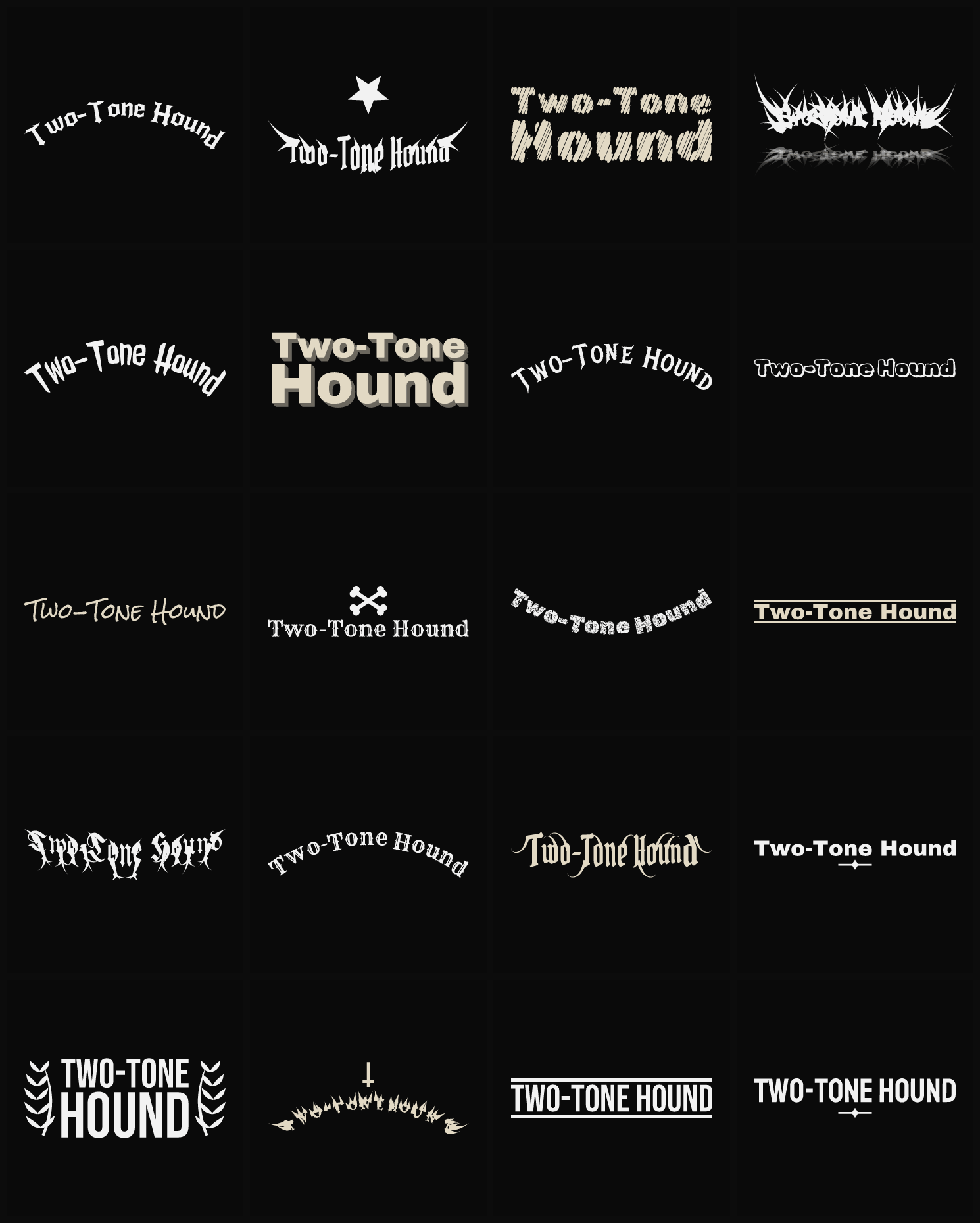 Twenty Two-Tone Hound band logo ideas — different faces, treatments and spike settings