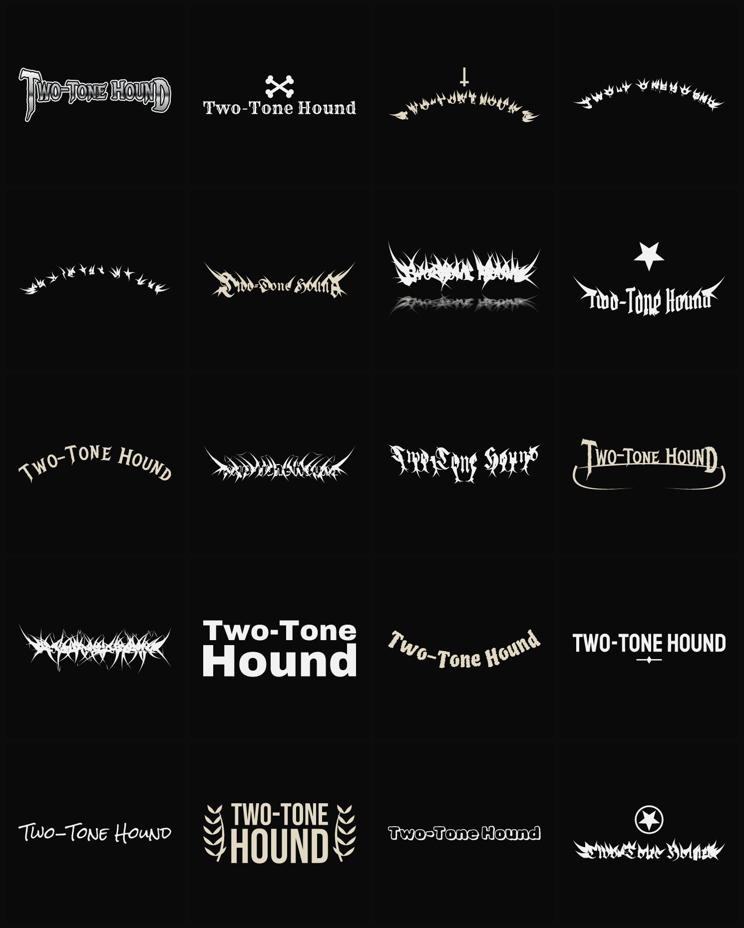 Twenty Two-Tone Hound band logo ideas — different faces, treatments and spike settings
