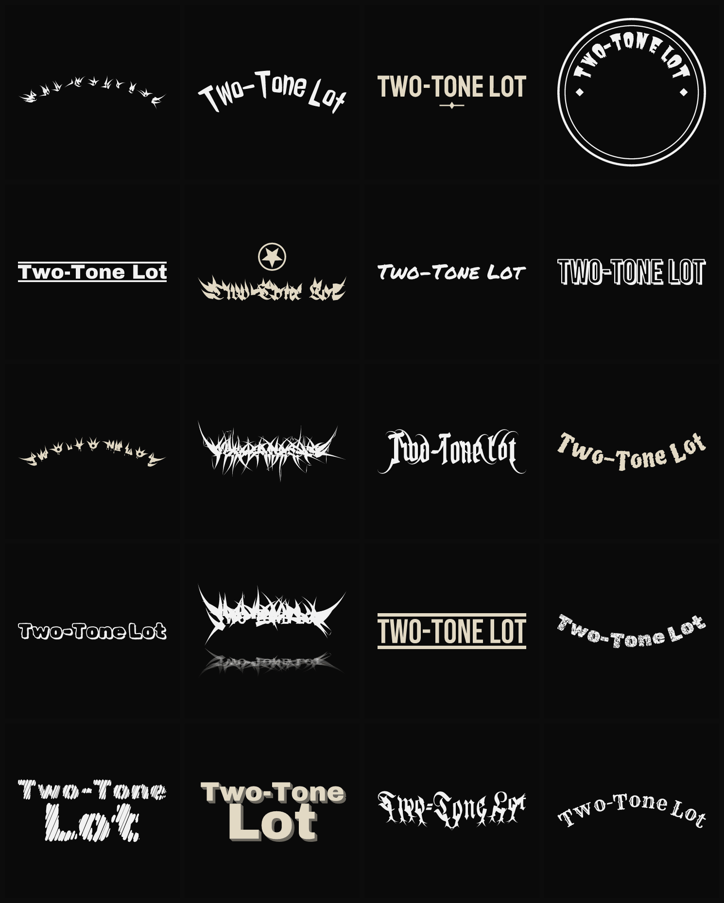 Twenty Two-Tone Lot band logo ideas — different faces, treatments and spike settings