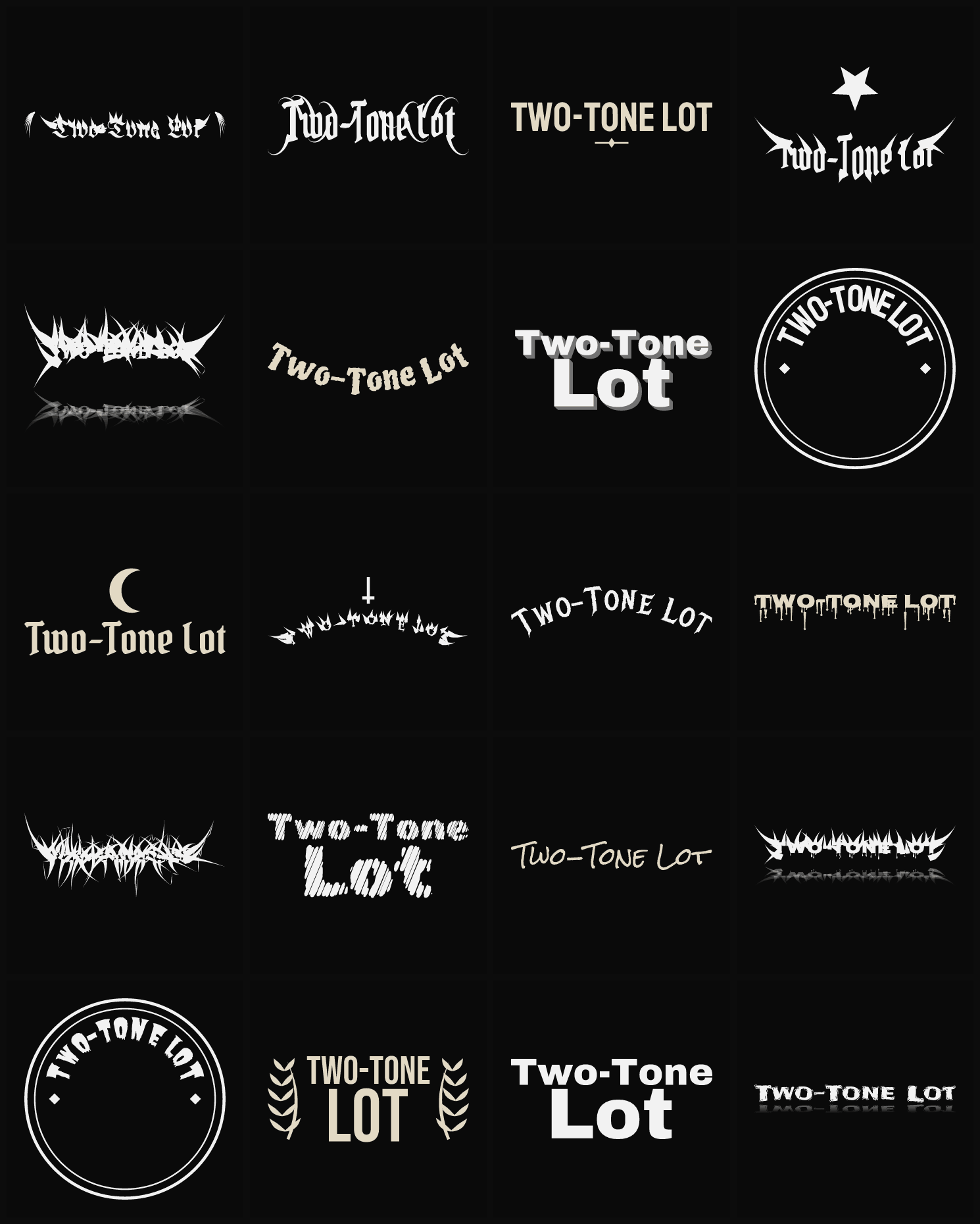 Twenty Two-Tone Lot band logo ideas — different faces, treatments and spike settings