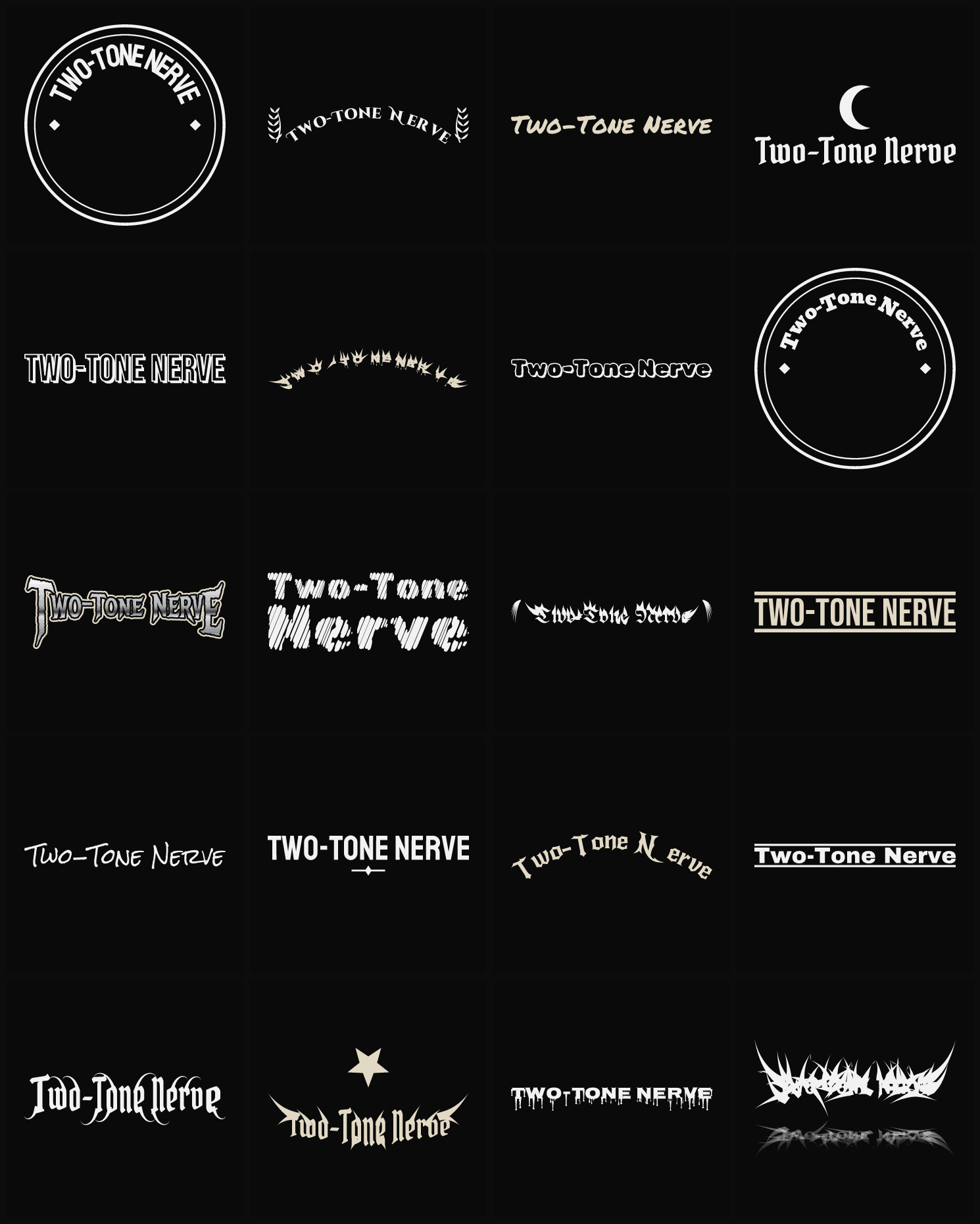 Twenty Two-Tone Nerve band logo ideas — different faces, treatments and spike settings