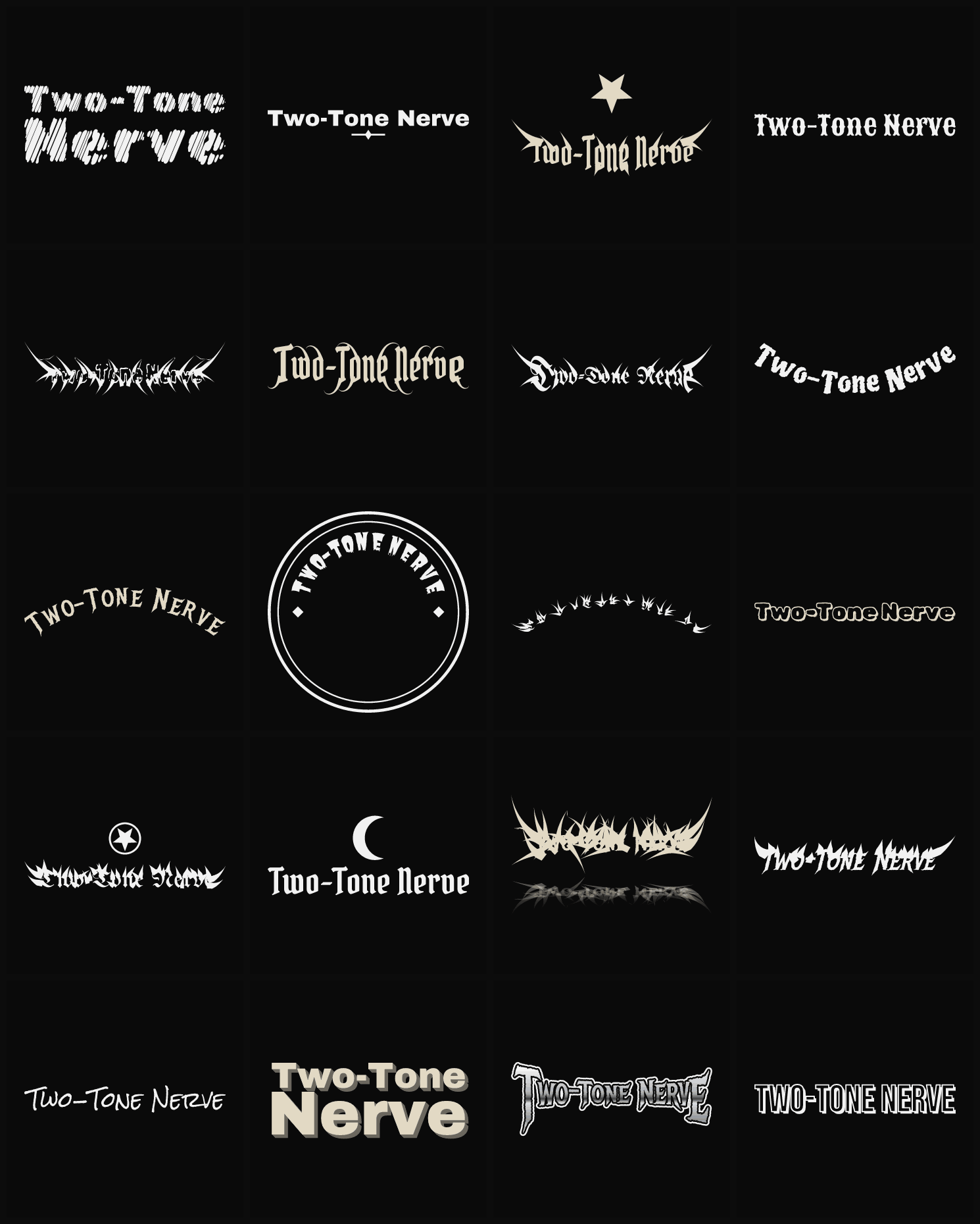 Twenty Two-Tone Nerve band logo ideas — different faces, treatments and spike settings