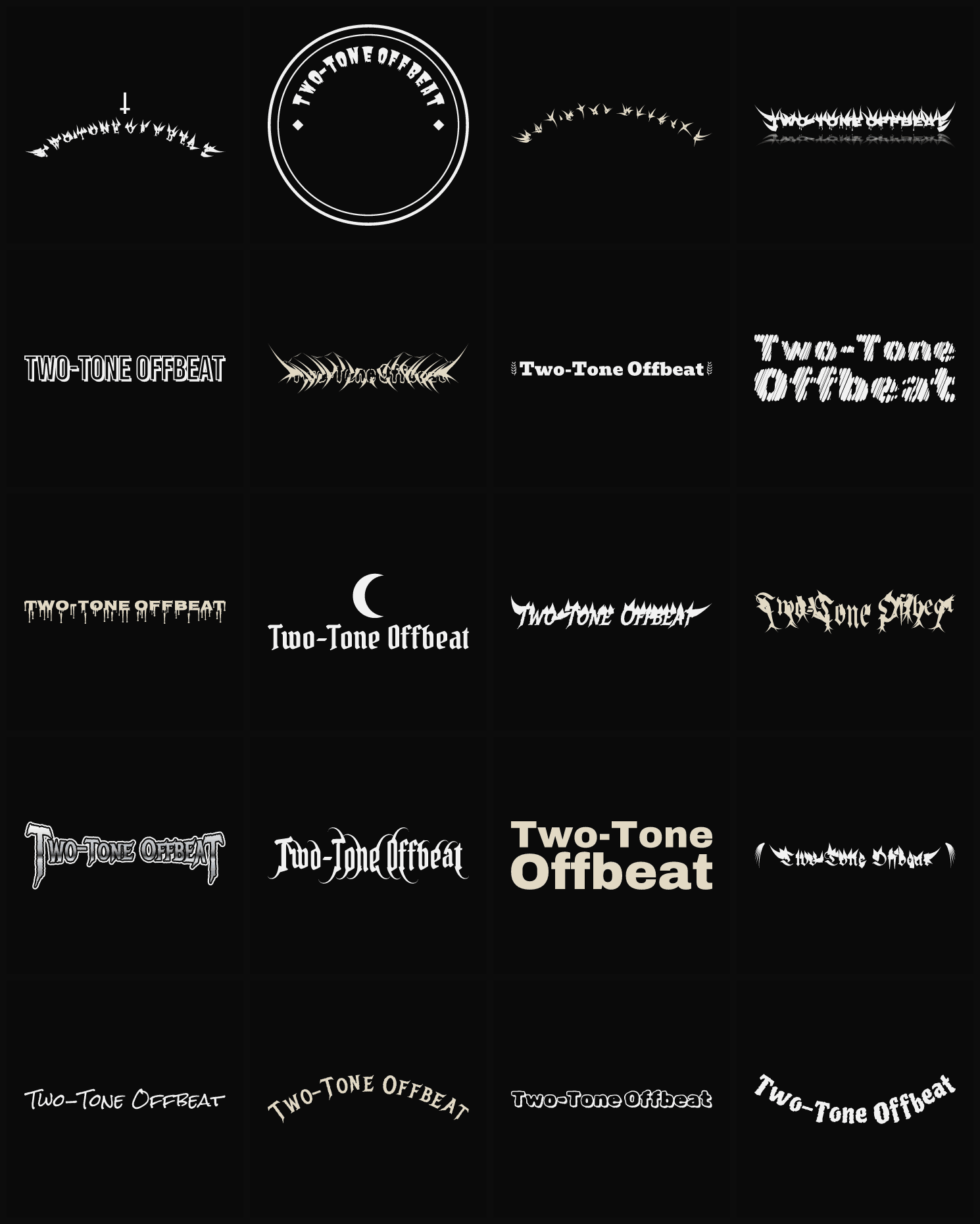 Twenty Two-Tone Offbeat band logo ideas — different faces, treatments and spike settings