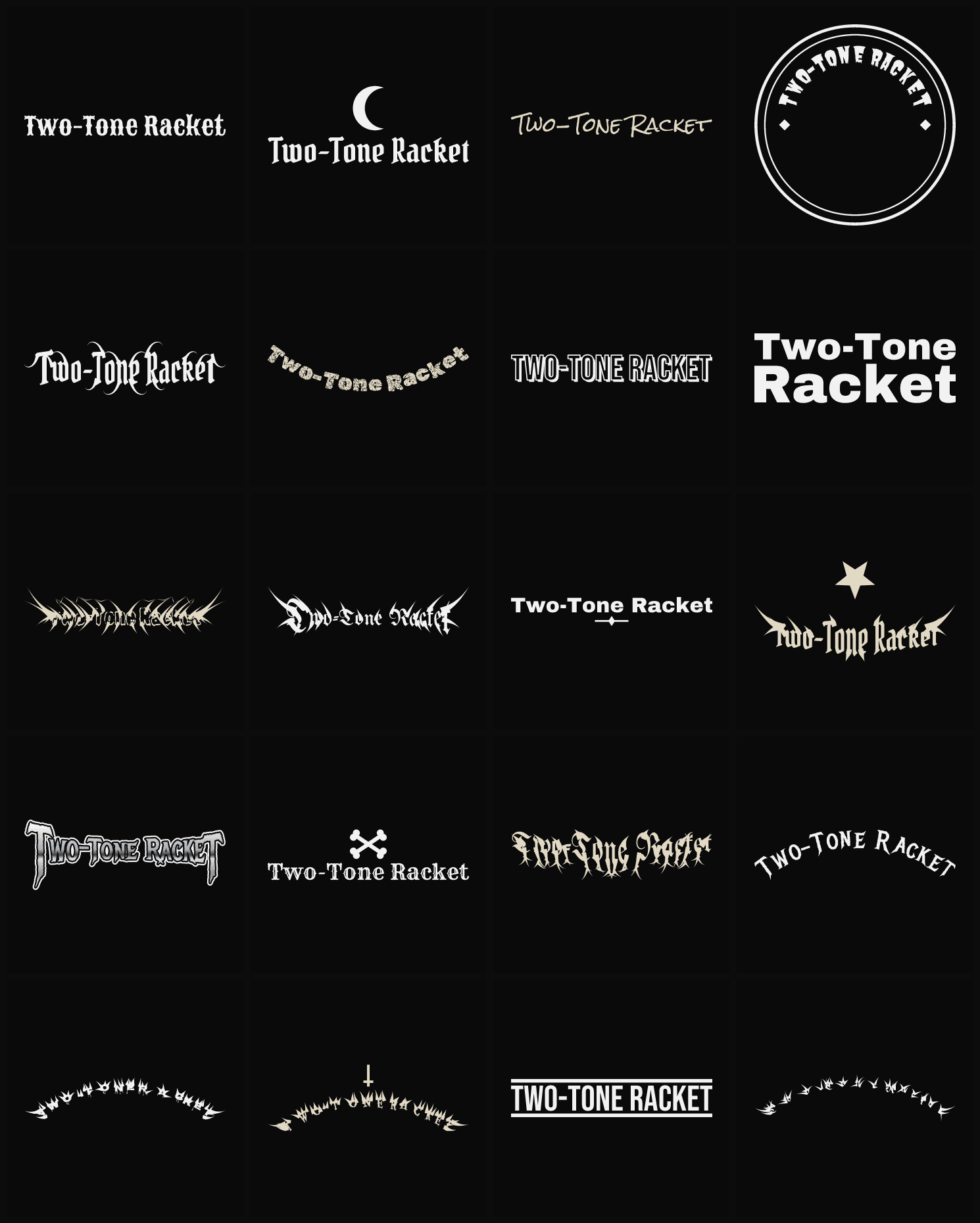 Twenty Two-Tone Racket band logo ideas — different faces, treatments and spike settings