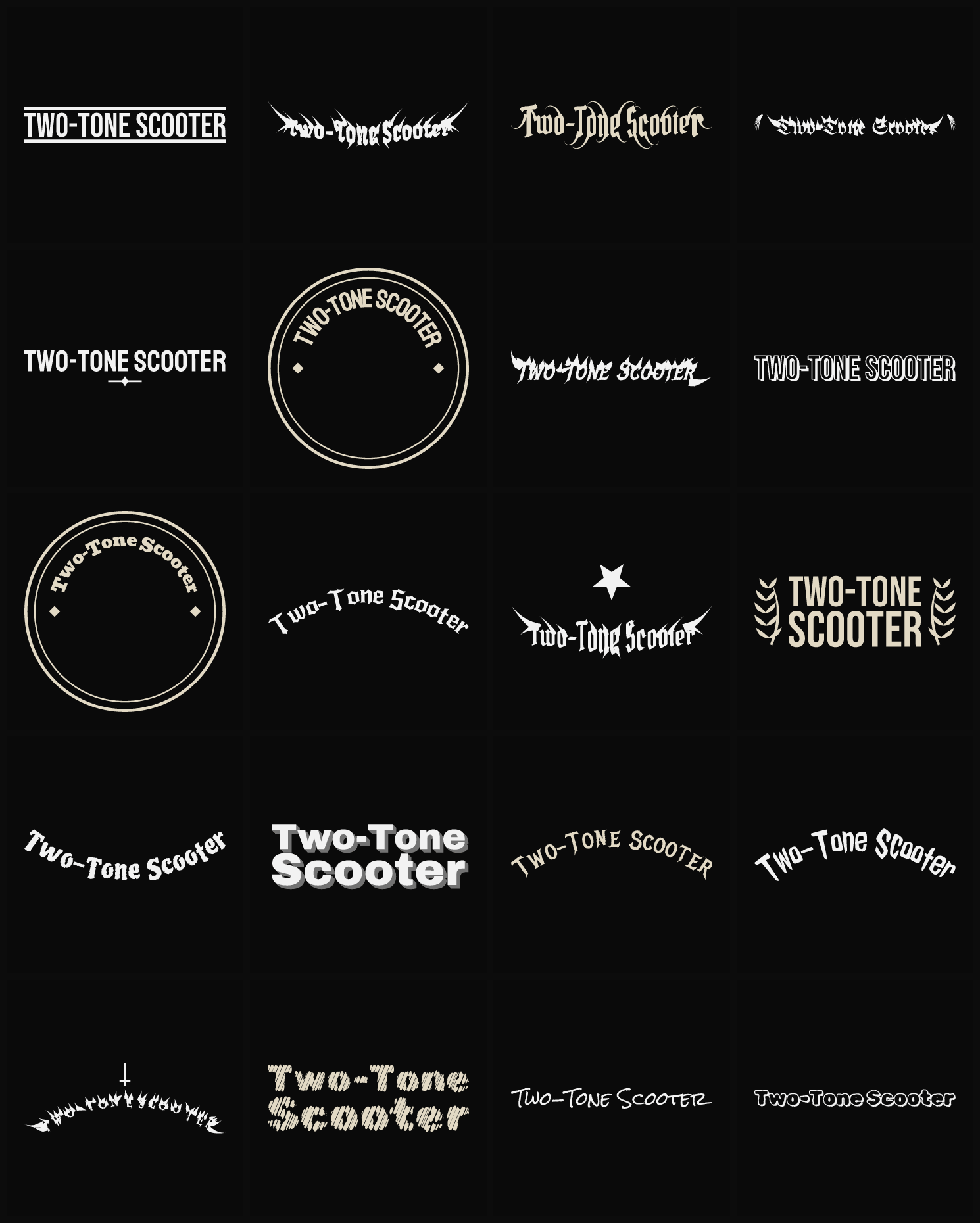 Twenty Two-Tone Scooter band logo ideas — different faces, treatments and spike settings
