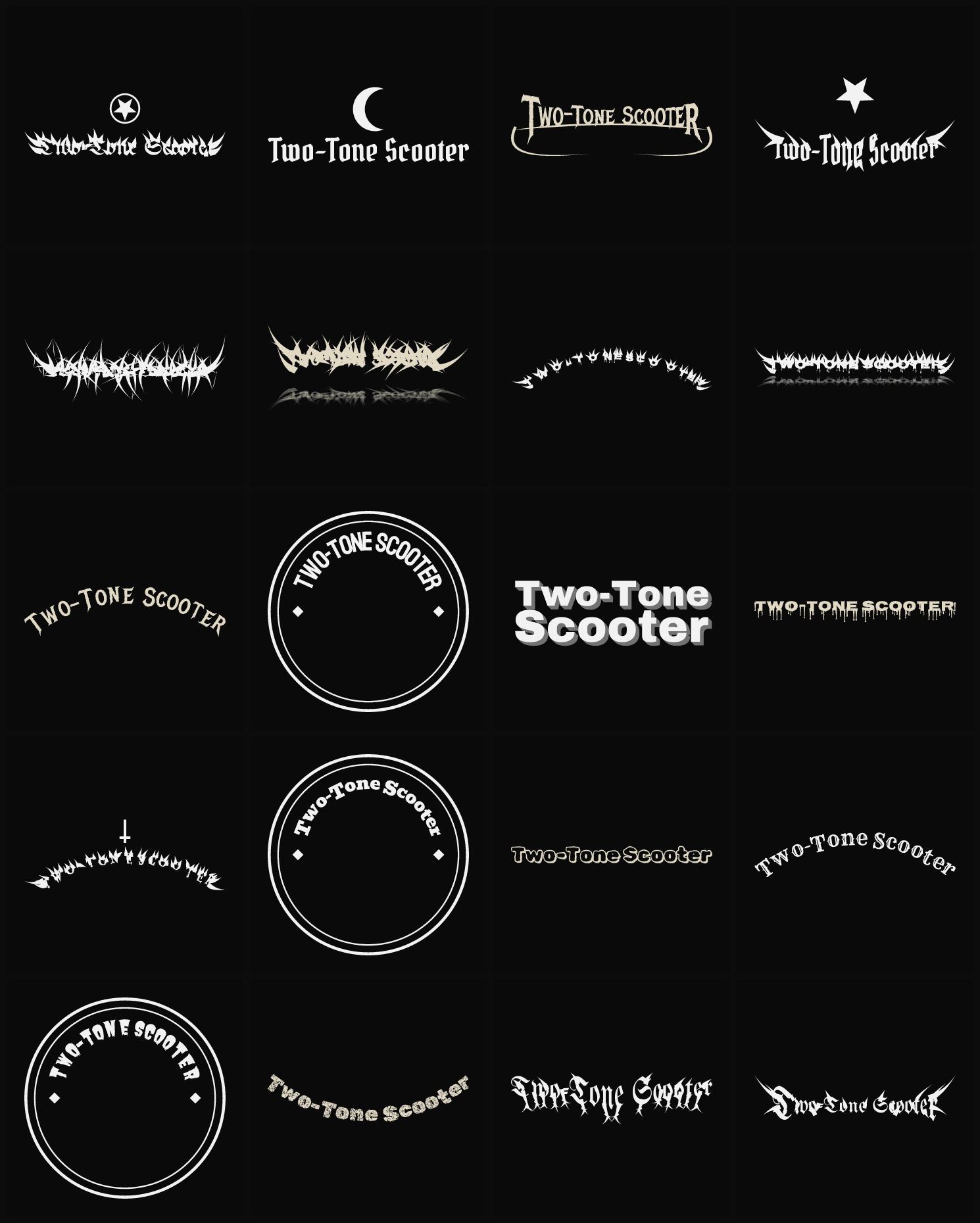 Twenty Two-Tone Scooter band logo ideas — different faces, treatments and spike settings