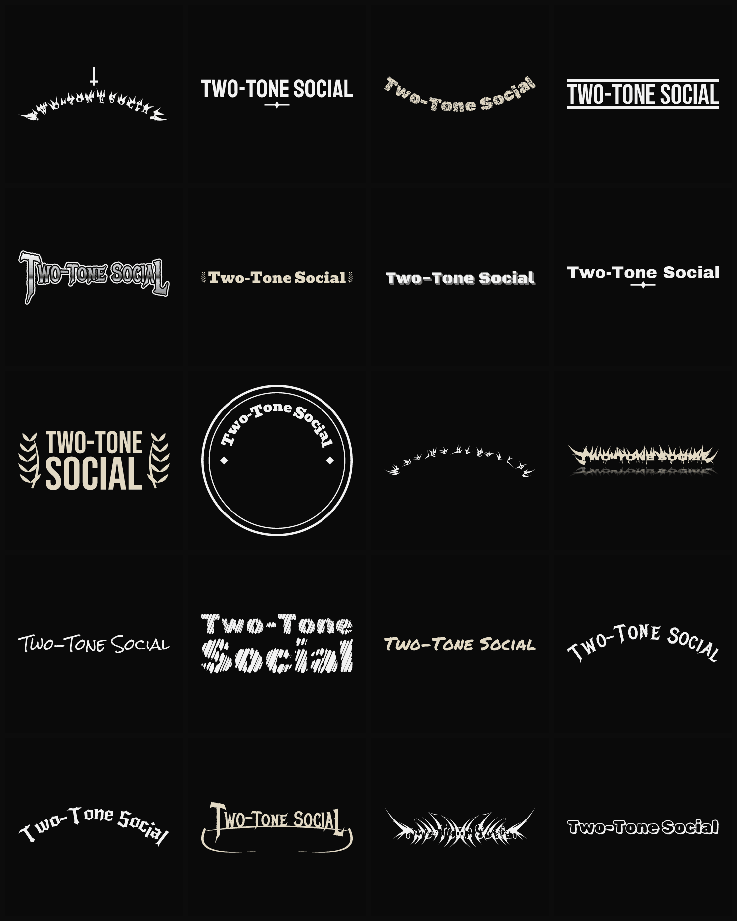 Twenty Two-Tone Social band logo ideas — different faces, treatments and spike settings