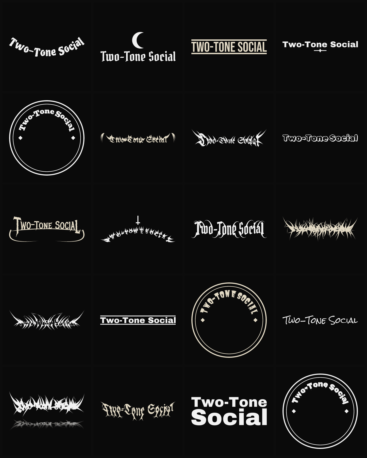 Twenty Two-Tone Social band logo ideas — different faces, treatments and spike settings