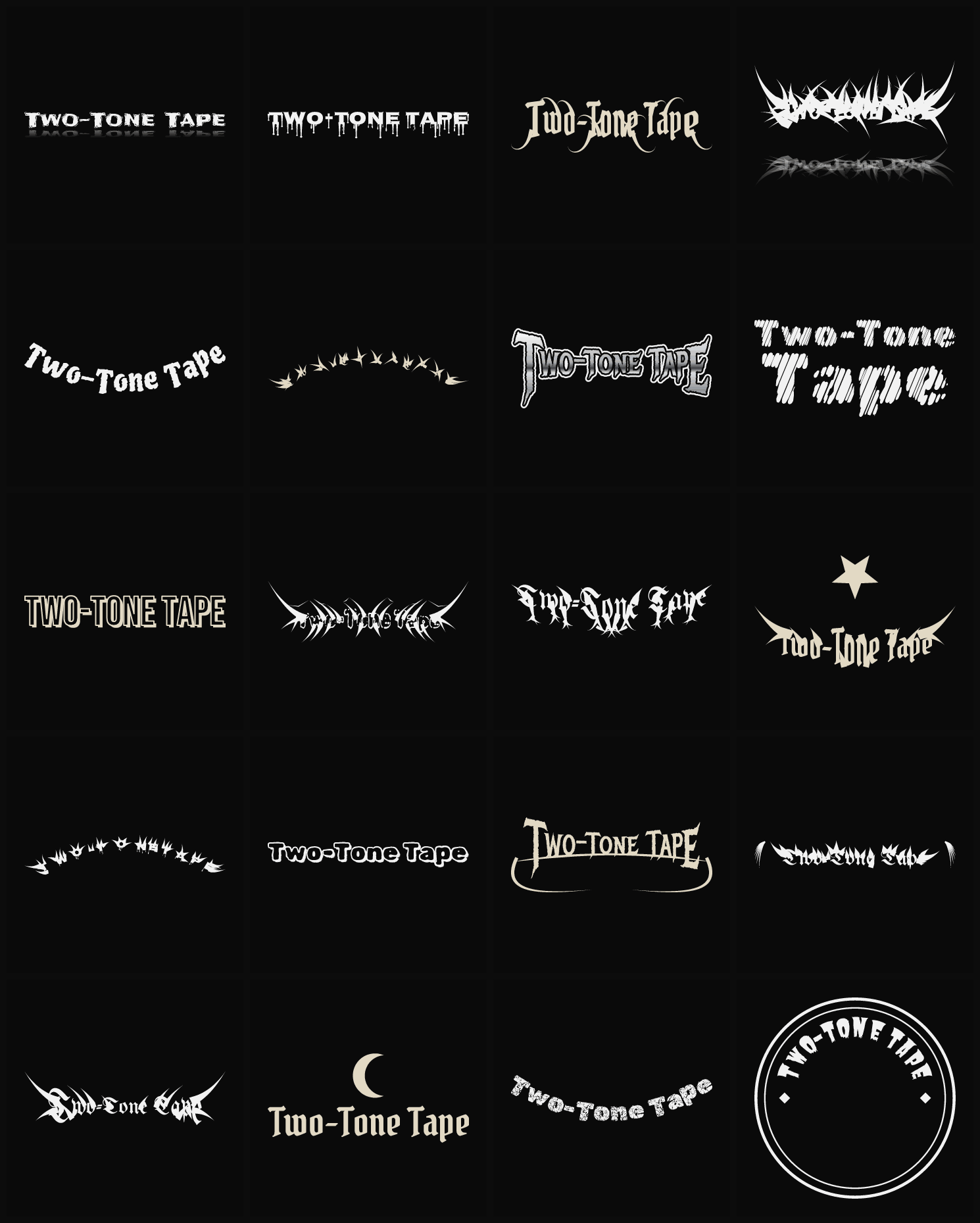 Twenty Two-Tone Tape band logo ideas — different faces, treatments and spike settings