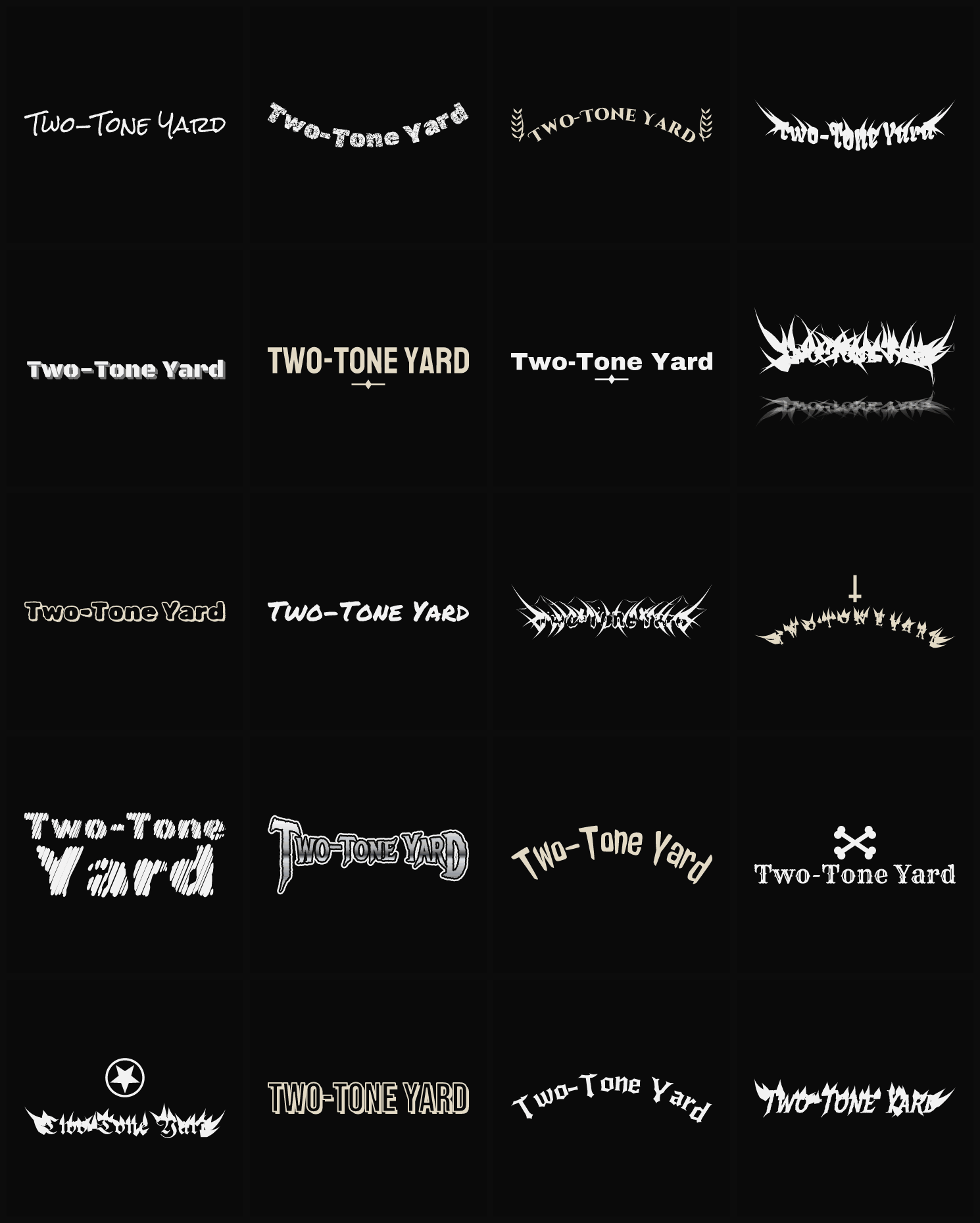Twenty Two-Tone Yard band logo ideas — different faces, treatments and spike settings