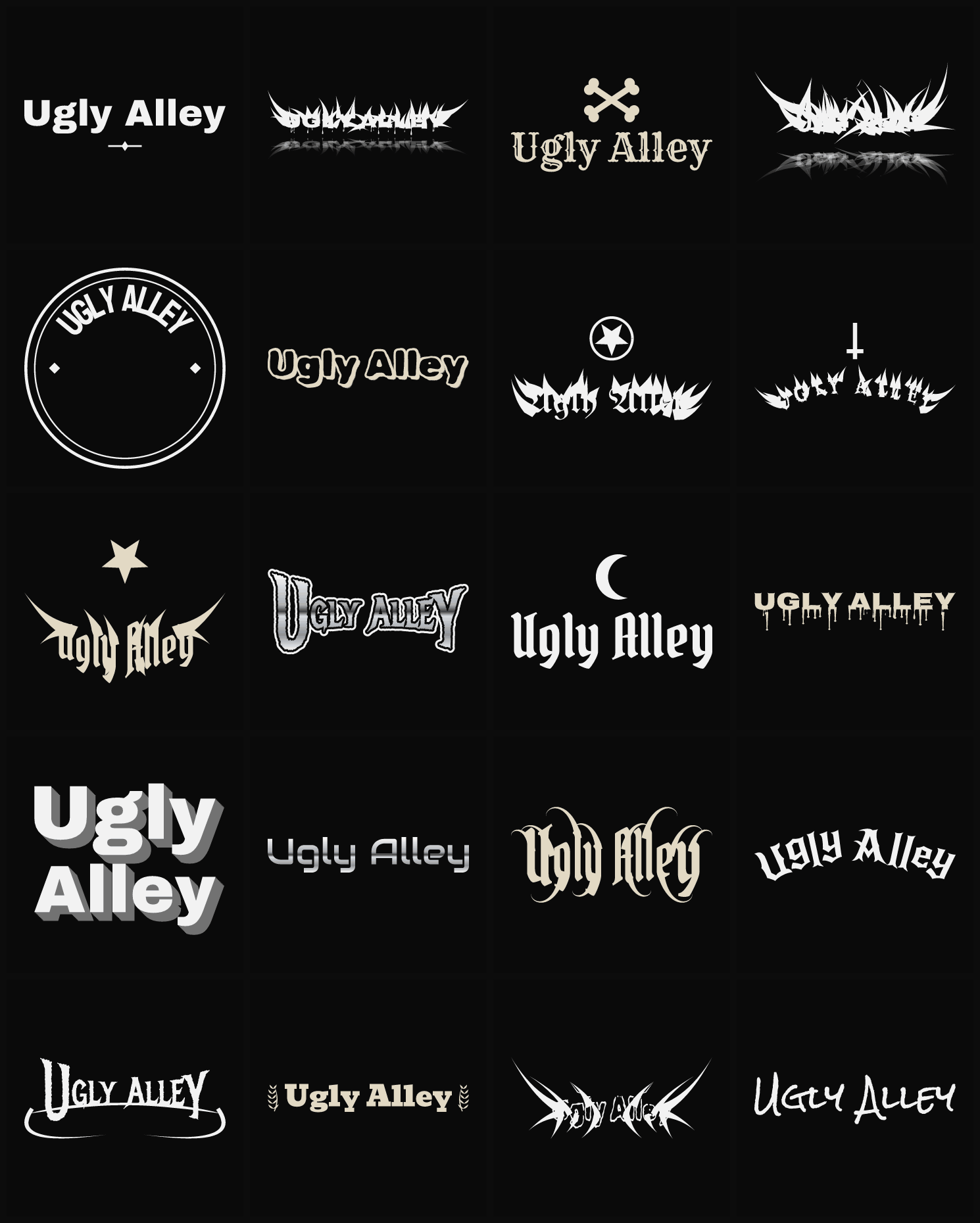 Twenty Ugly Alley band logo ideas — different faces, treatments and spike settings