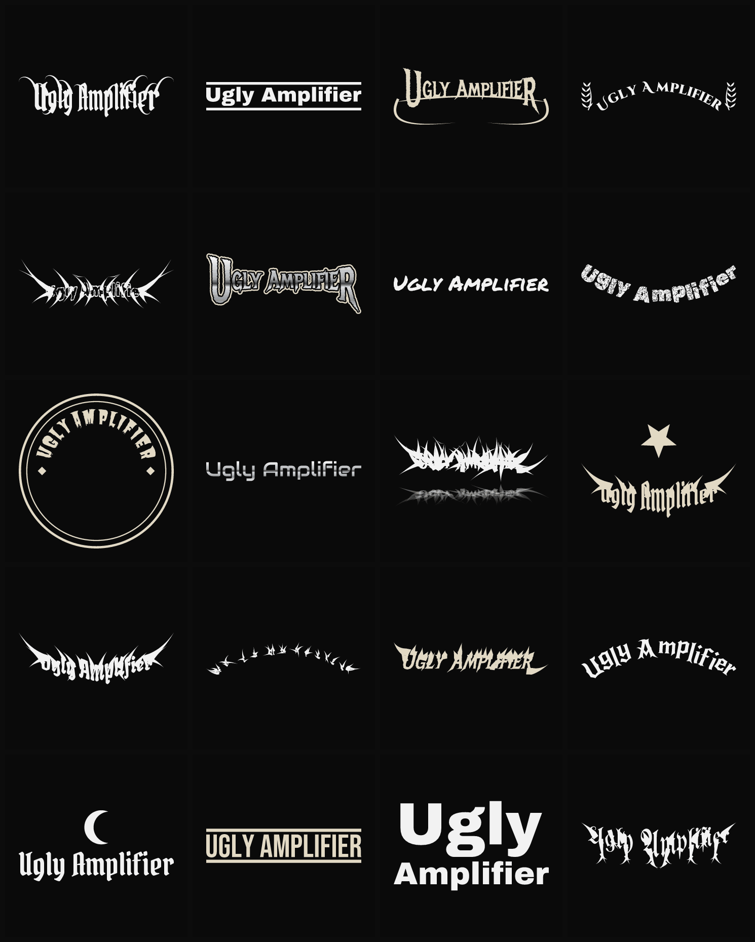 Twenty Ugly Amplifier band logo ideas — different faces, treatments and spike settings