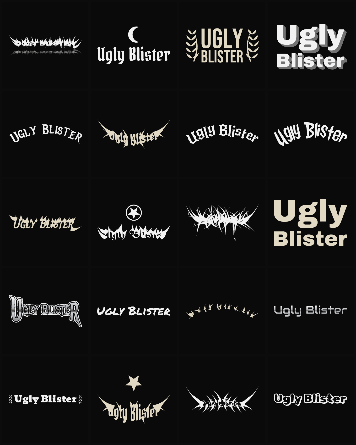 Twenty Ugly Blister band logo ideas — different faces, treatments and spike settings
