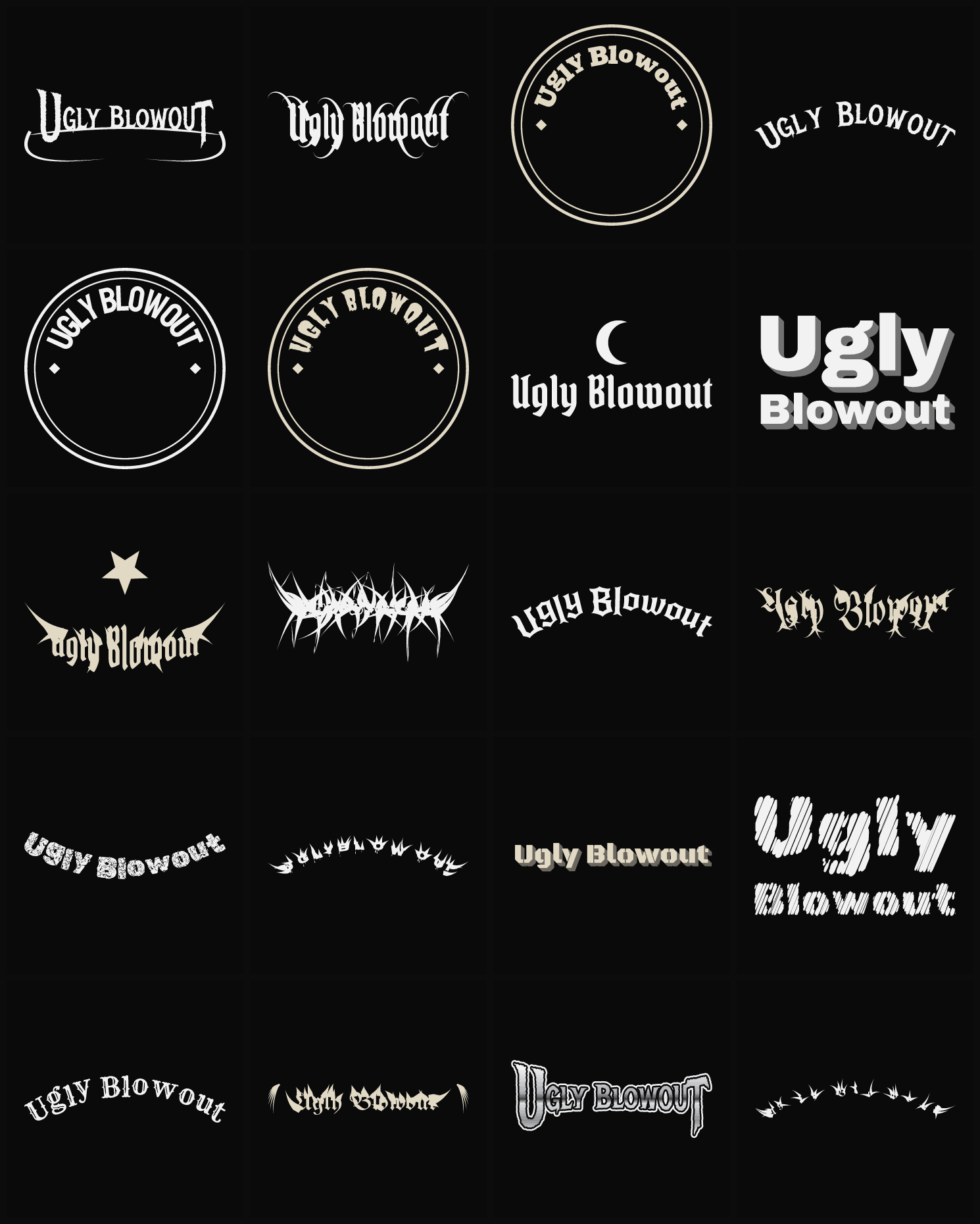 Twenty Ugly Blowout band logo ideas — different faces, treatments and spike settings