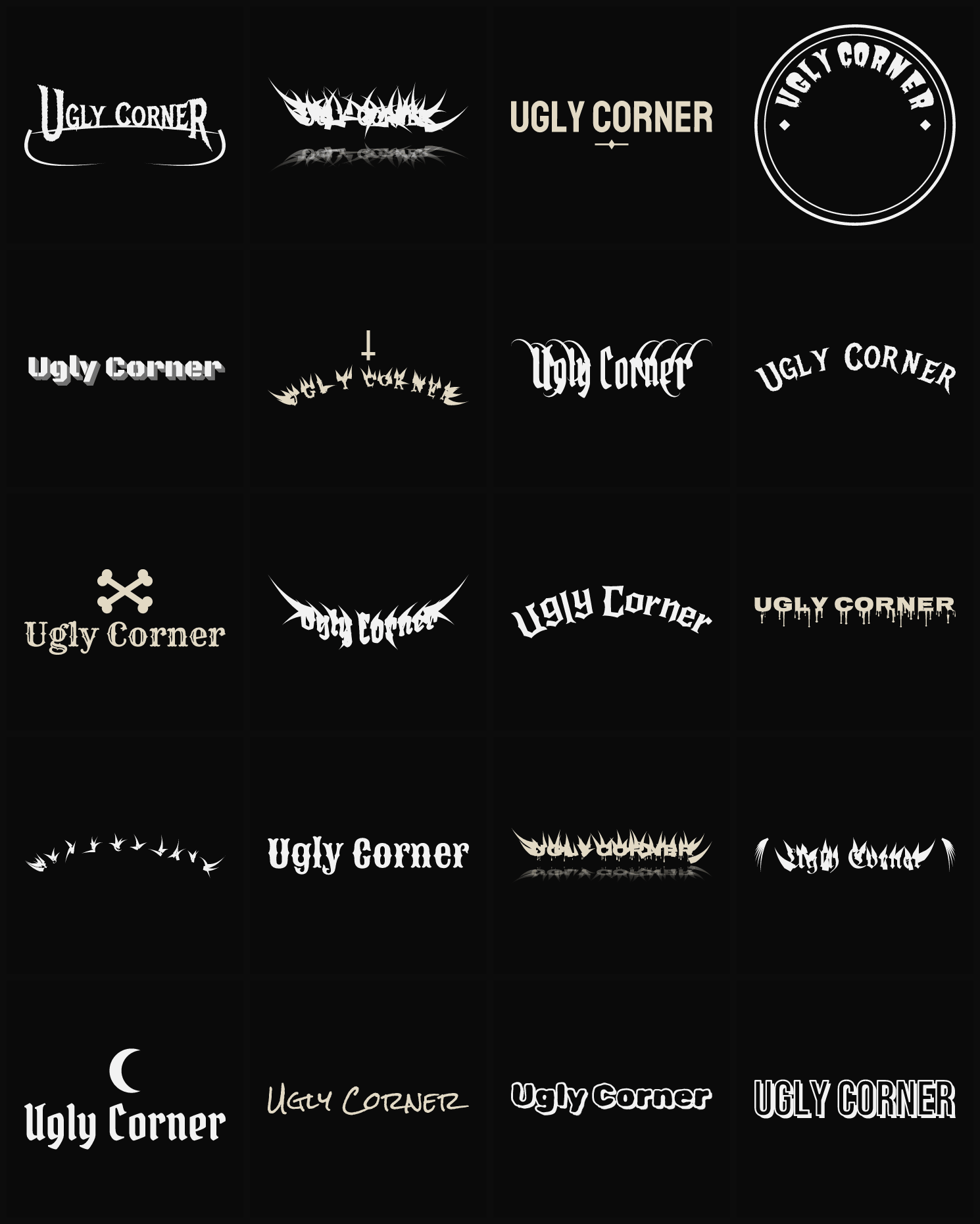 Twenty Ugly Corner band logo ideas — different faces, treatments and spike settings