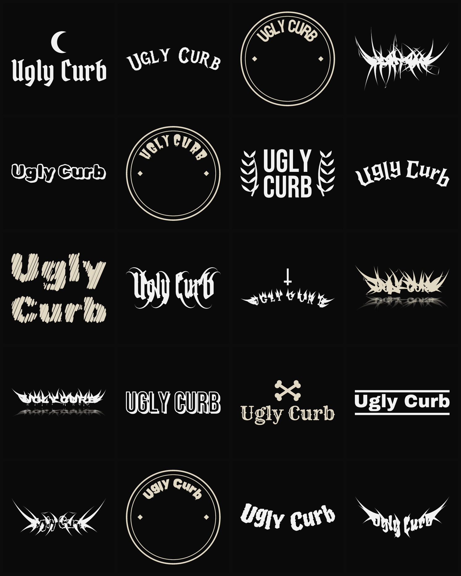 Twenty Ugly Curb band logo ideas — different faces, treatments and spike settings