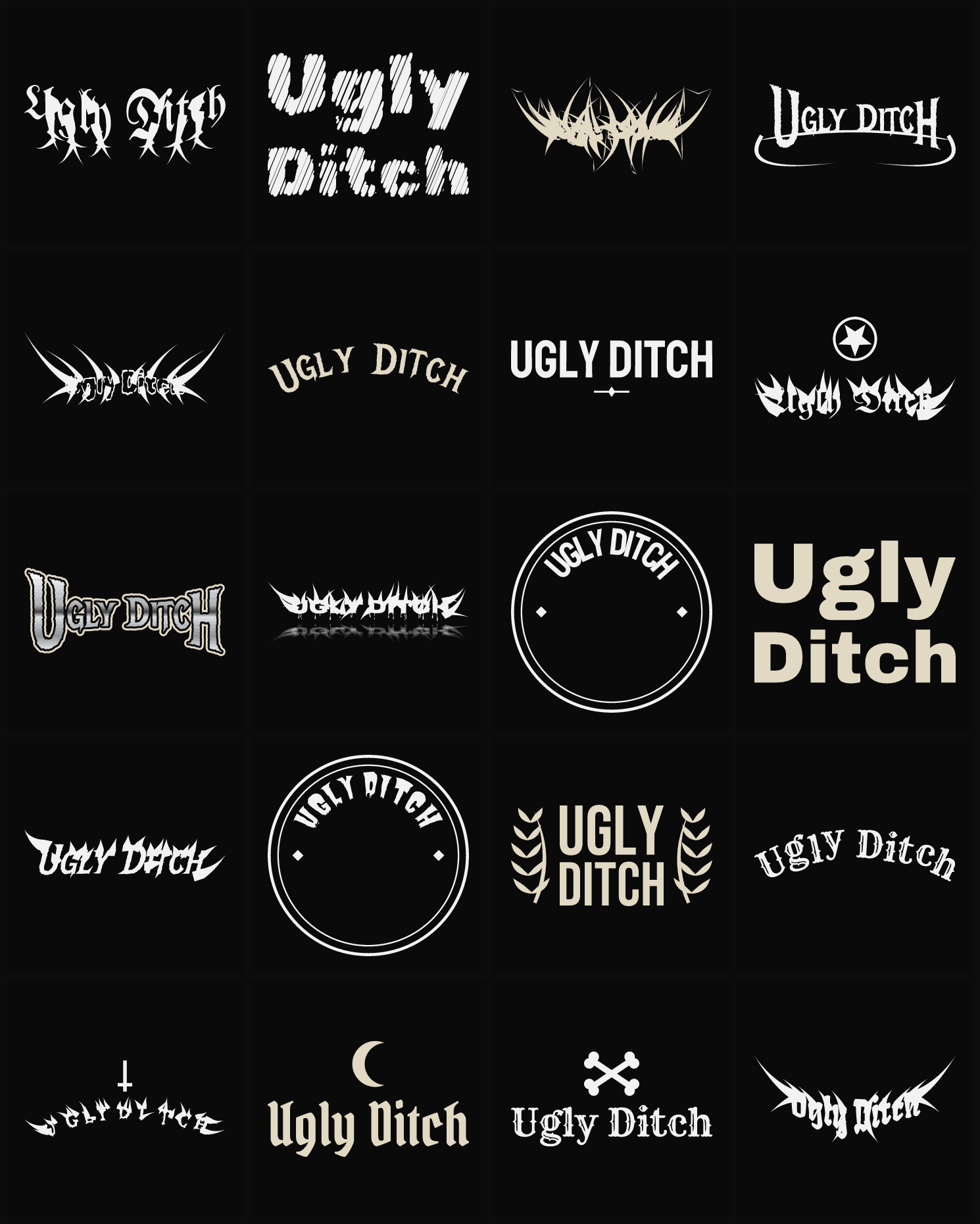 Twenty Ugly Ditch band logo ideas — different faces, treatments and spike settings