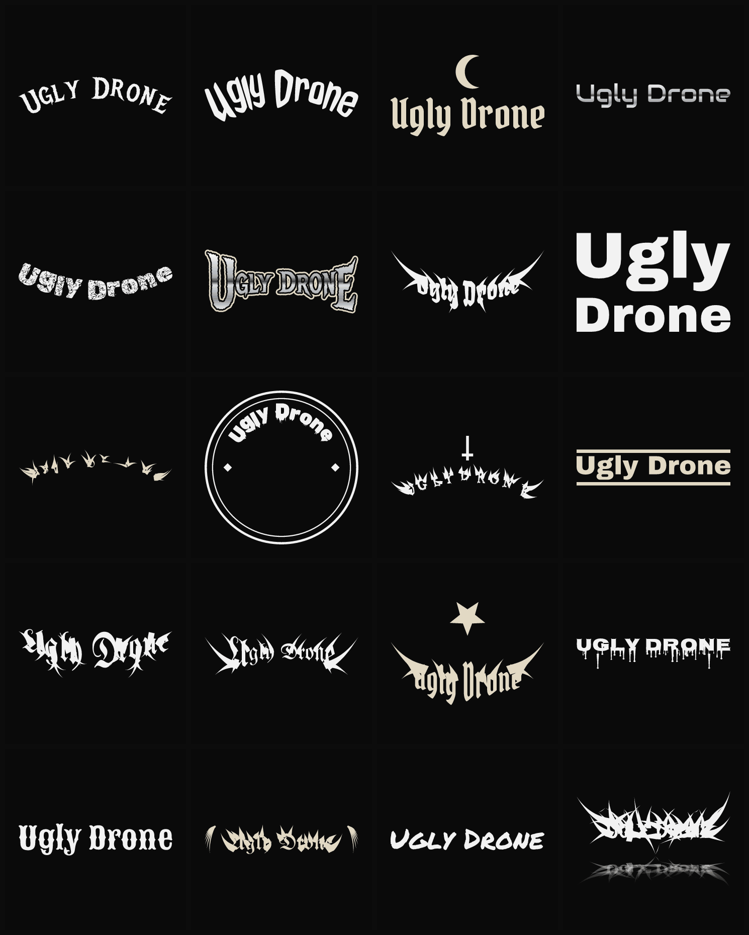 Twenty Ugly Drone band logo ideas — different faces, treatments and spike settings
