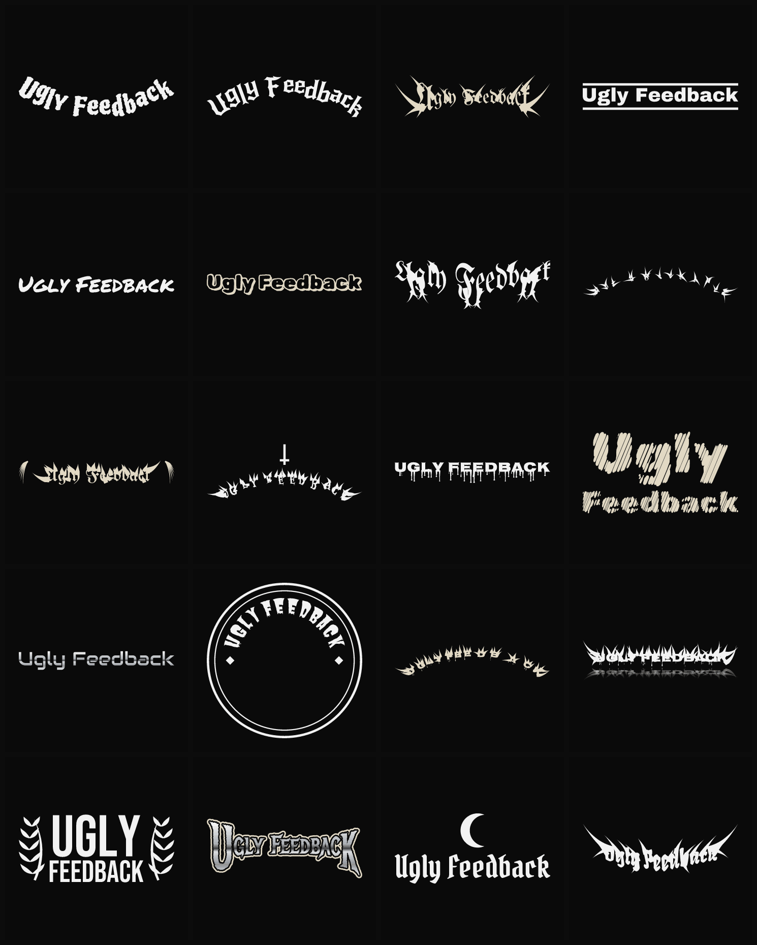 Twenty Ugly Feedback band logo ideas — different faces, treatments and spike settings