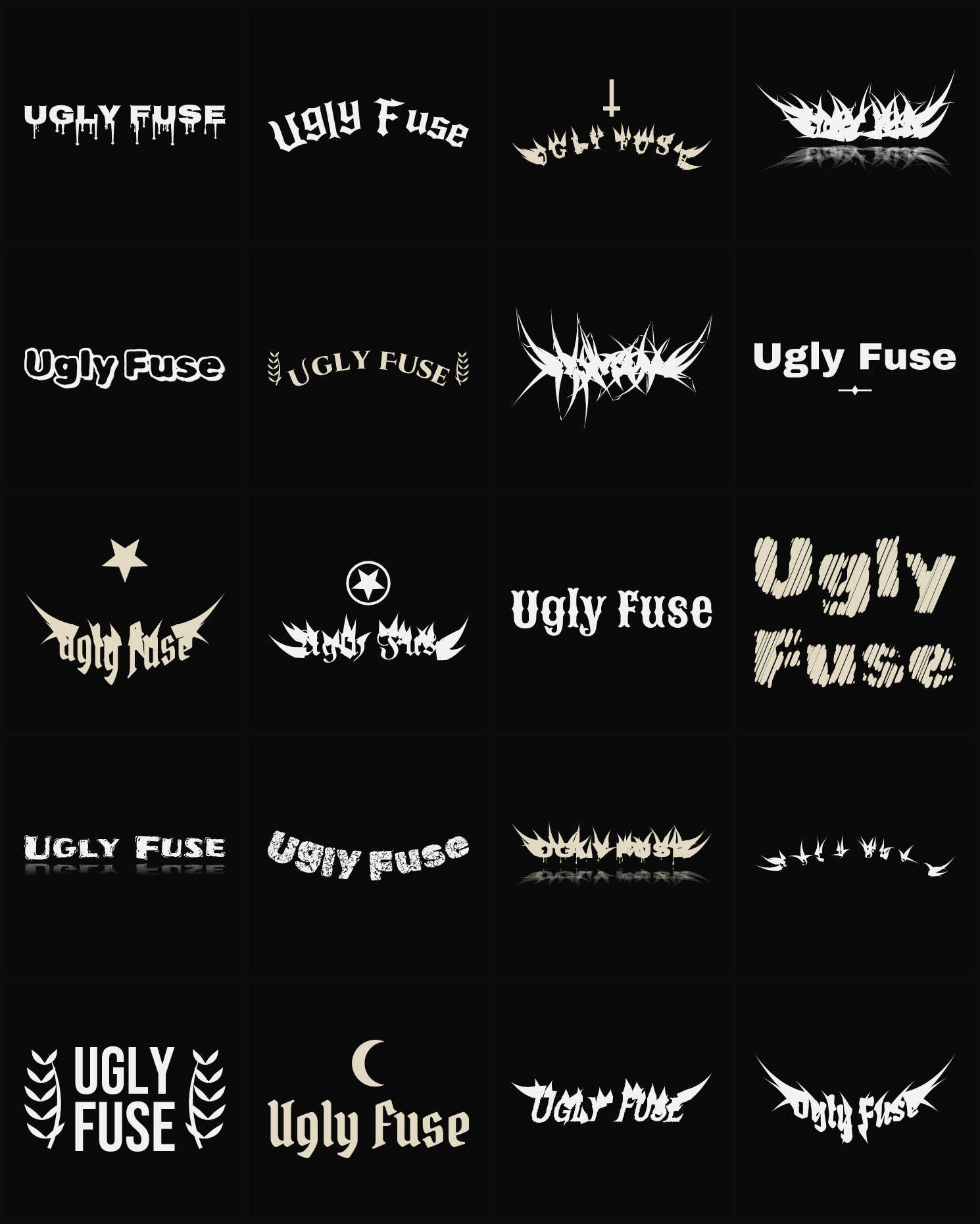 Twenty Ugly Fuse band logo ideas — different faces, treatments and spike settings
