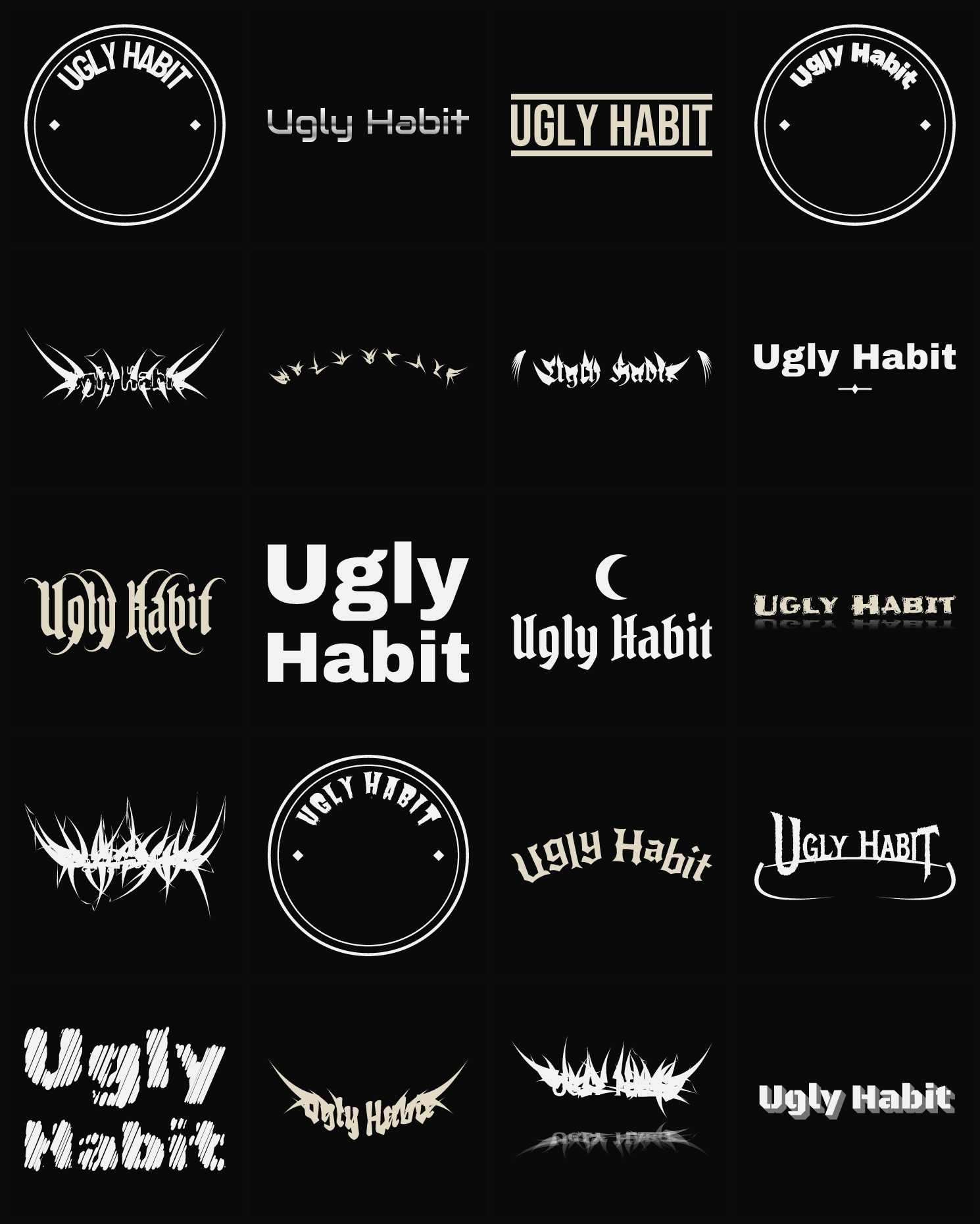 Twenty Ugly Habit band logo ideas — different faces, treatments and spike settings