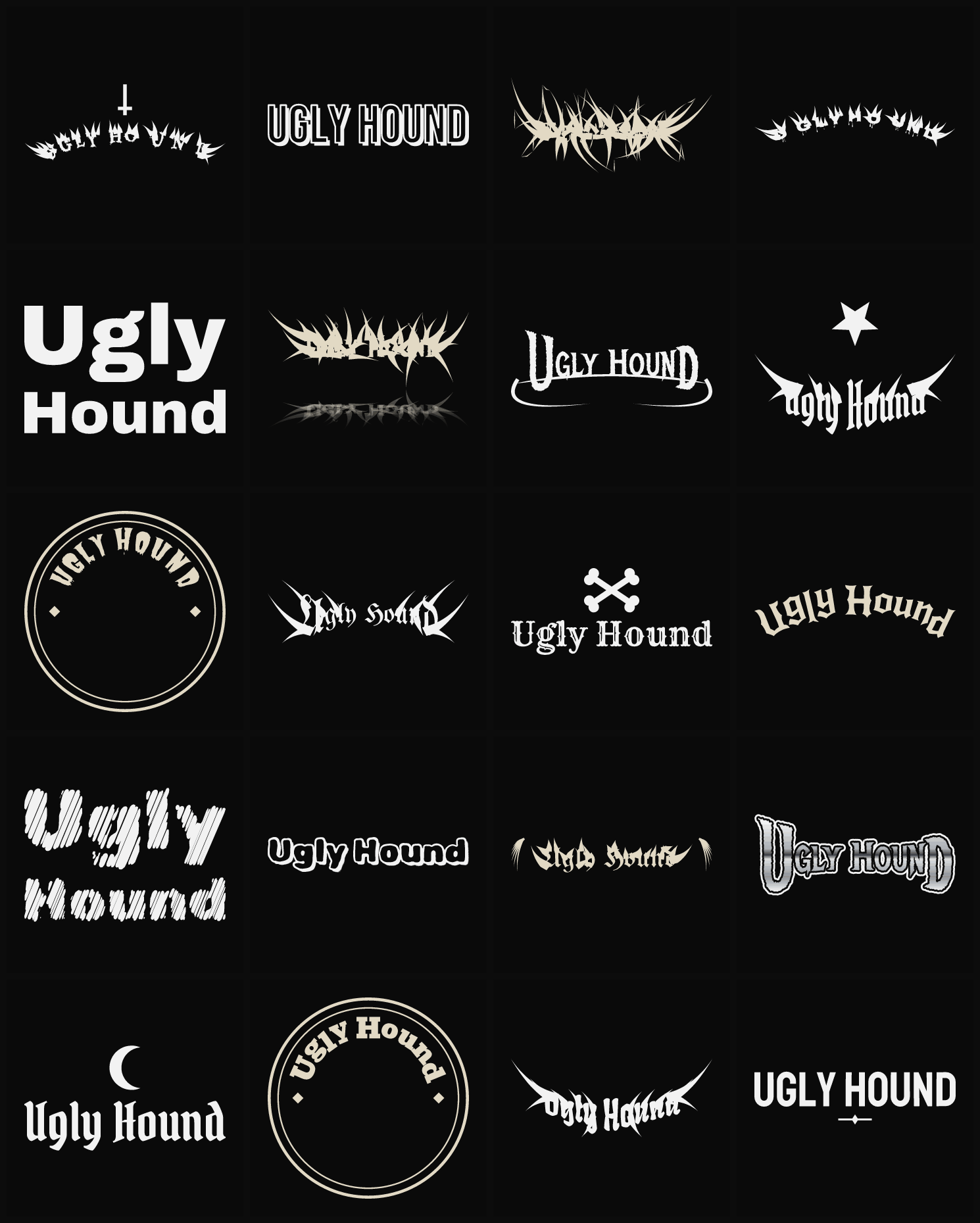 Twenty Ugly Hound band logo ideas — different faces, treatments and spike settings