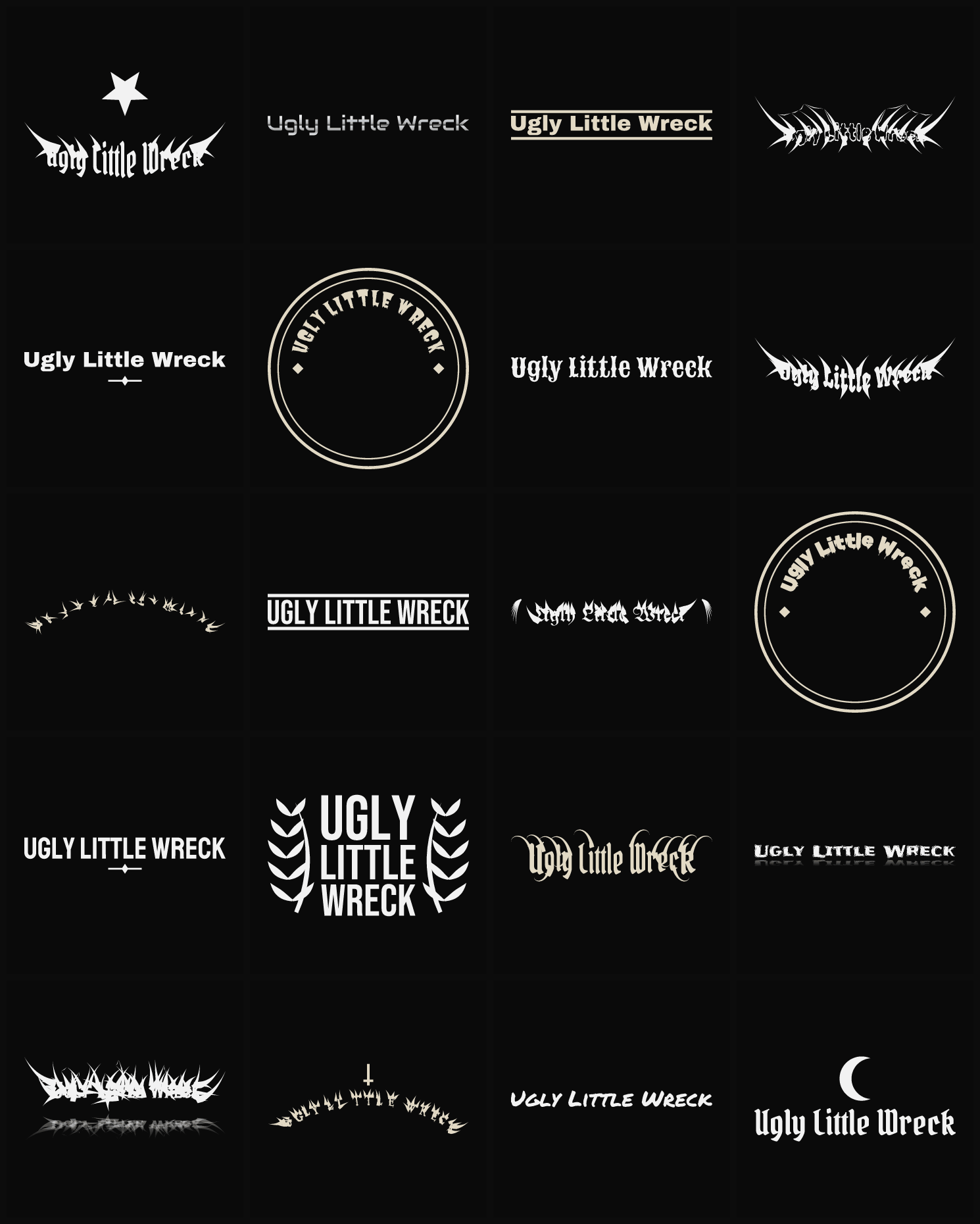 Twenty Ugly Little Wreck band logo ideas — different faces, treatments and spike settings