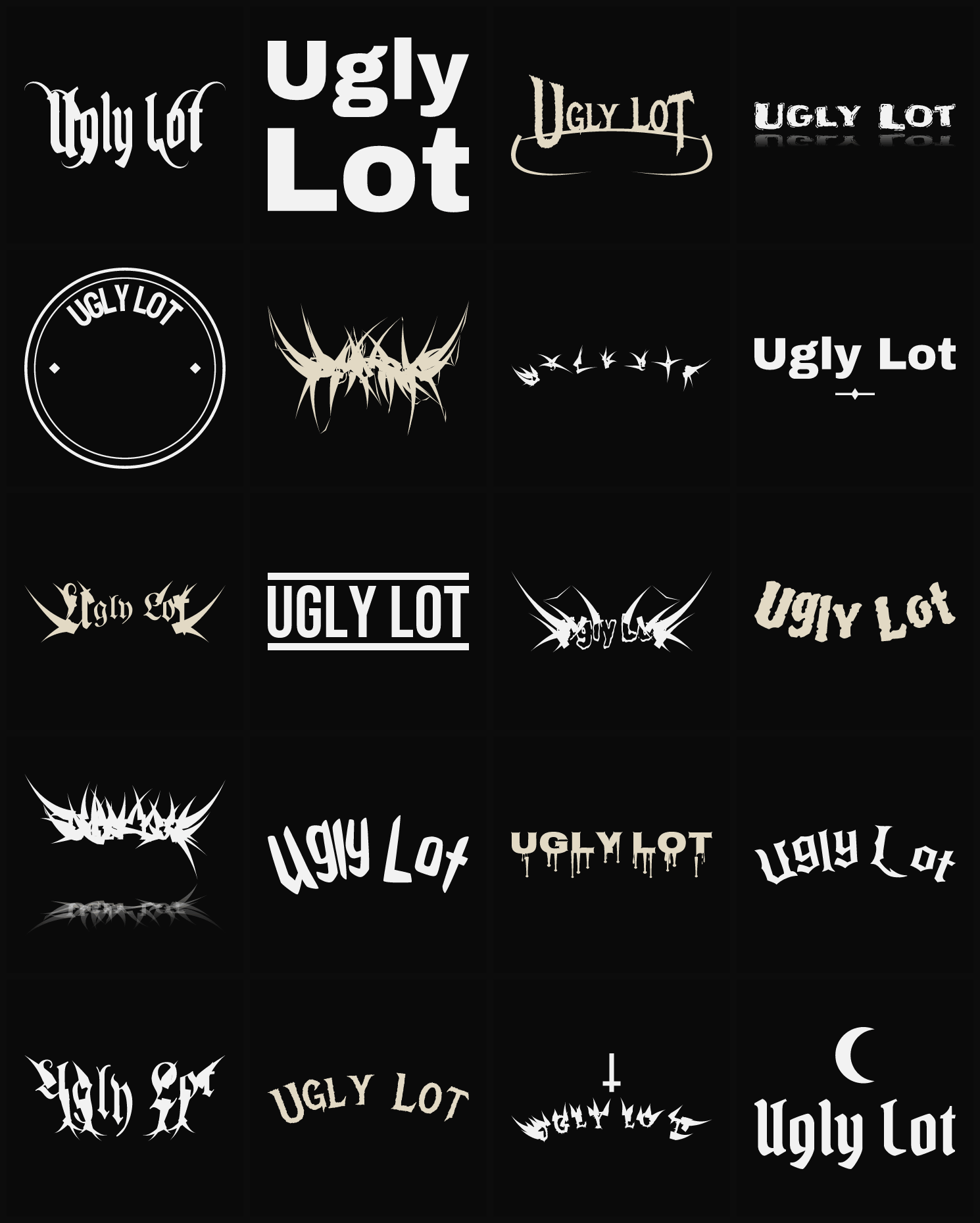 Twenty Ugly Lot band logo ideas — different faces, treatments and spike settings
