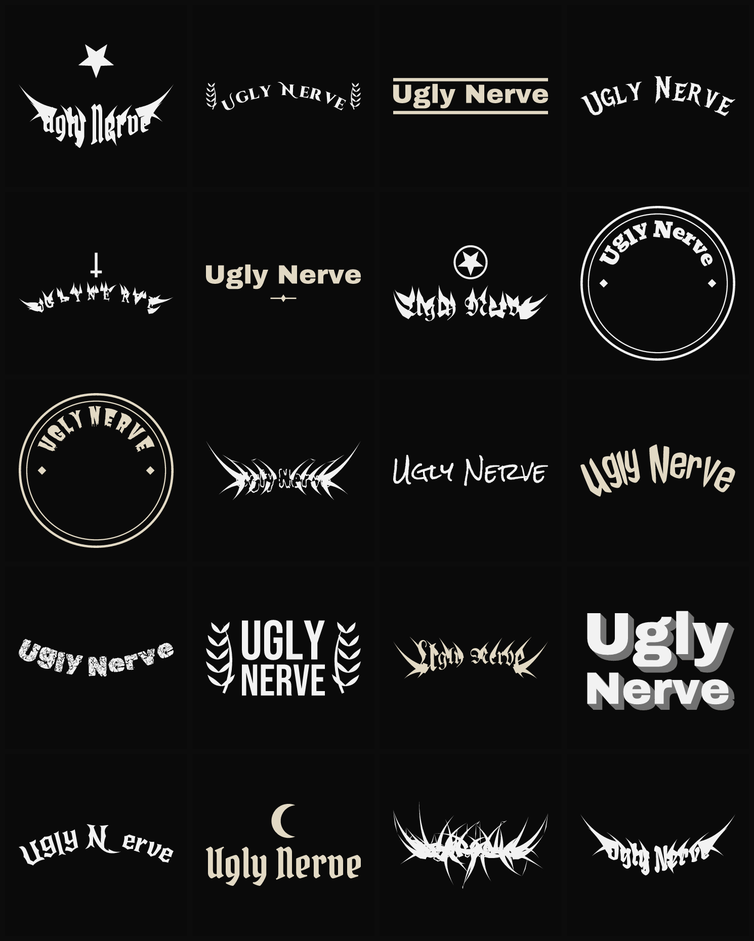 Twenty Ugly Nerve band logo ideas — different faces, treatments and spike settings