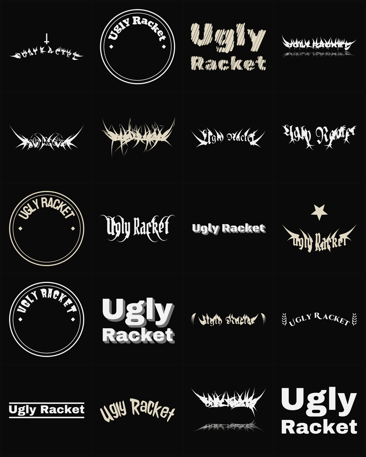 Twenty Ugly Racket band logo ideas — different faces, treatments and spike settings